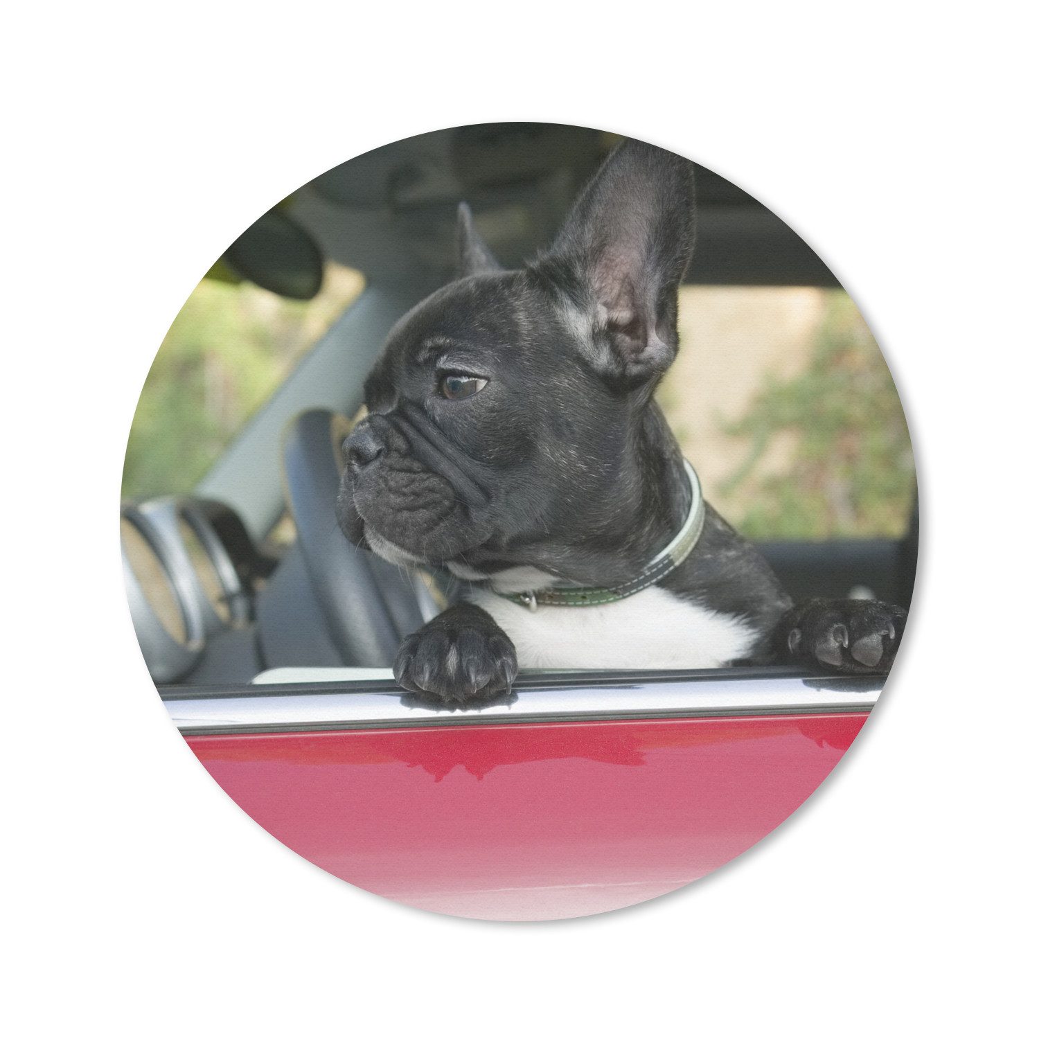 MuchoWow Mauspad Französische Bulldogge - Auto - Rot (1-St), Büro für Tastatur und Maus, Mousepad Gaming, Rund 20x20 cm