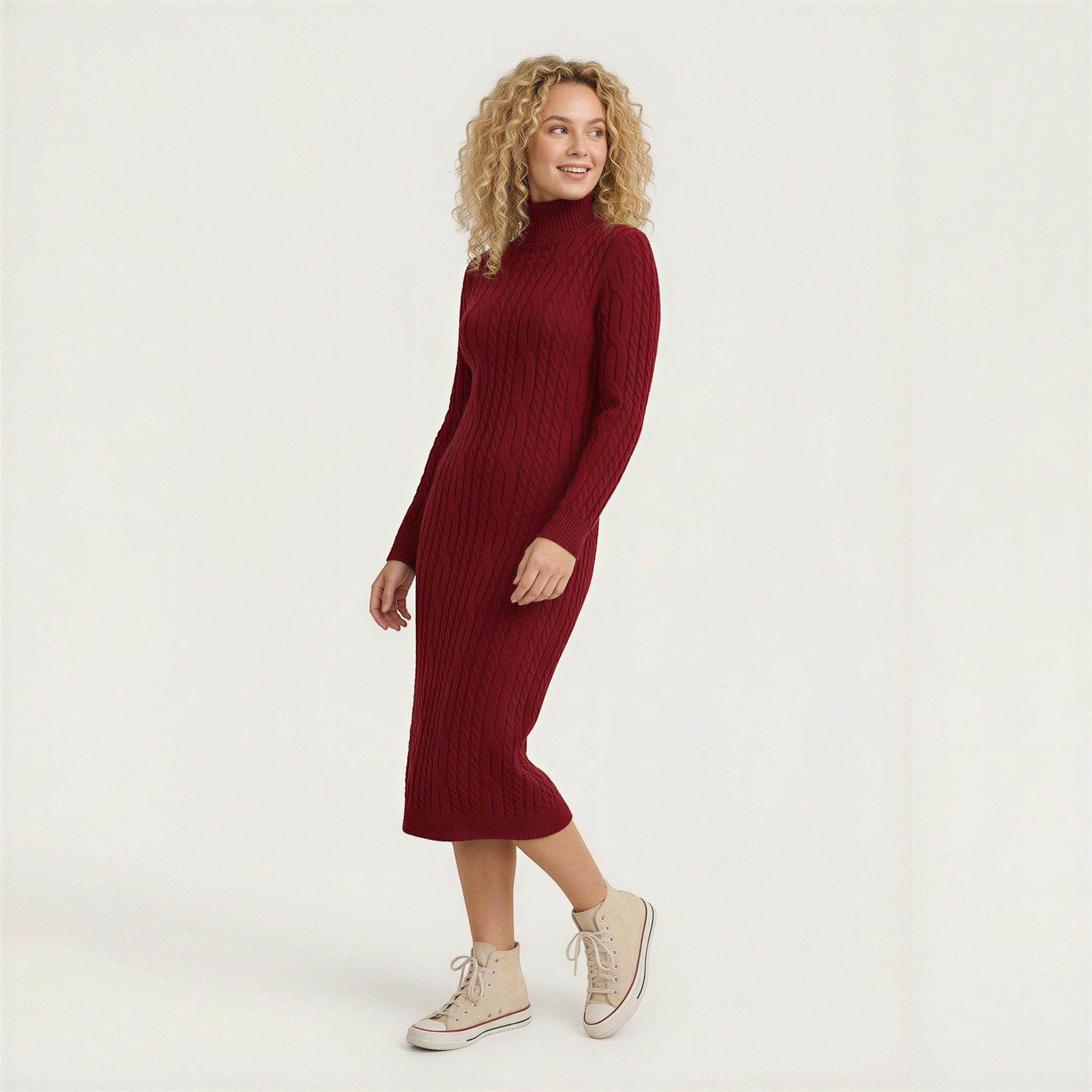 OriginalYou Strickkleid Damen Strickkleid im modischen Zopfstrick Stil Longkleid mit Rollkragen, Zopfstricklook