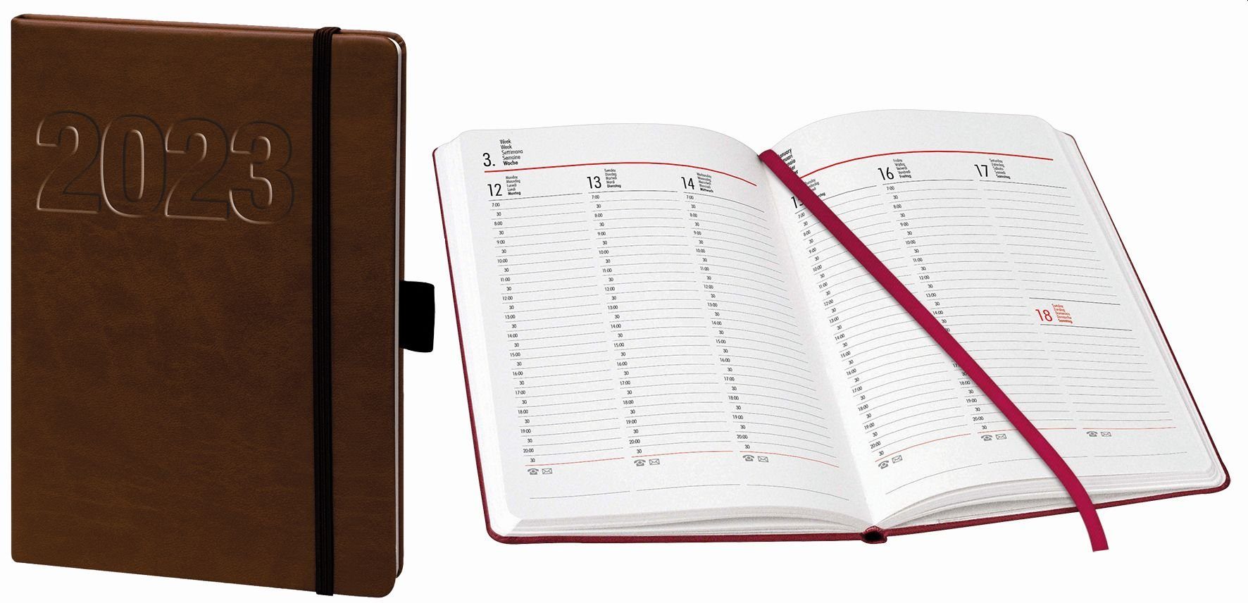 BSB Taschenkalender Buchkalender "V-book" - 1 Woche / 2 Seiten, A5, braun