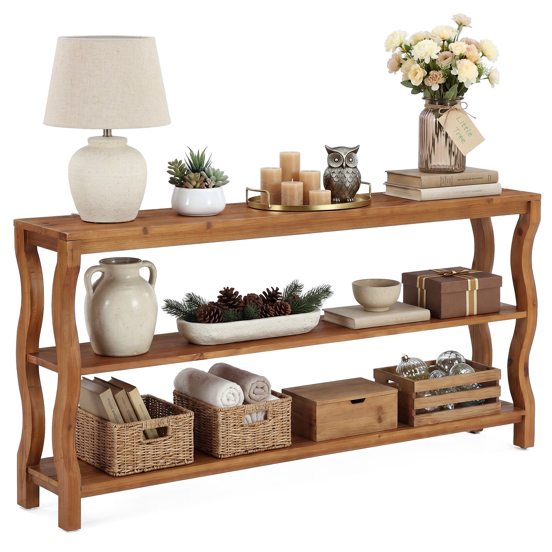 Tribesigns Konsolentisch Massivholz Flurtisch 60cm, 3-stufiger Sofatisch mit offenen Regalen