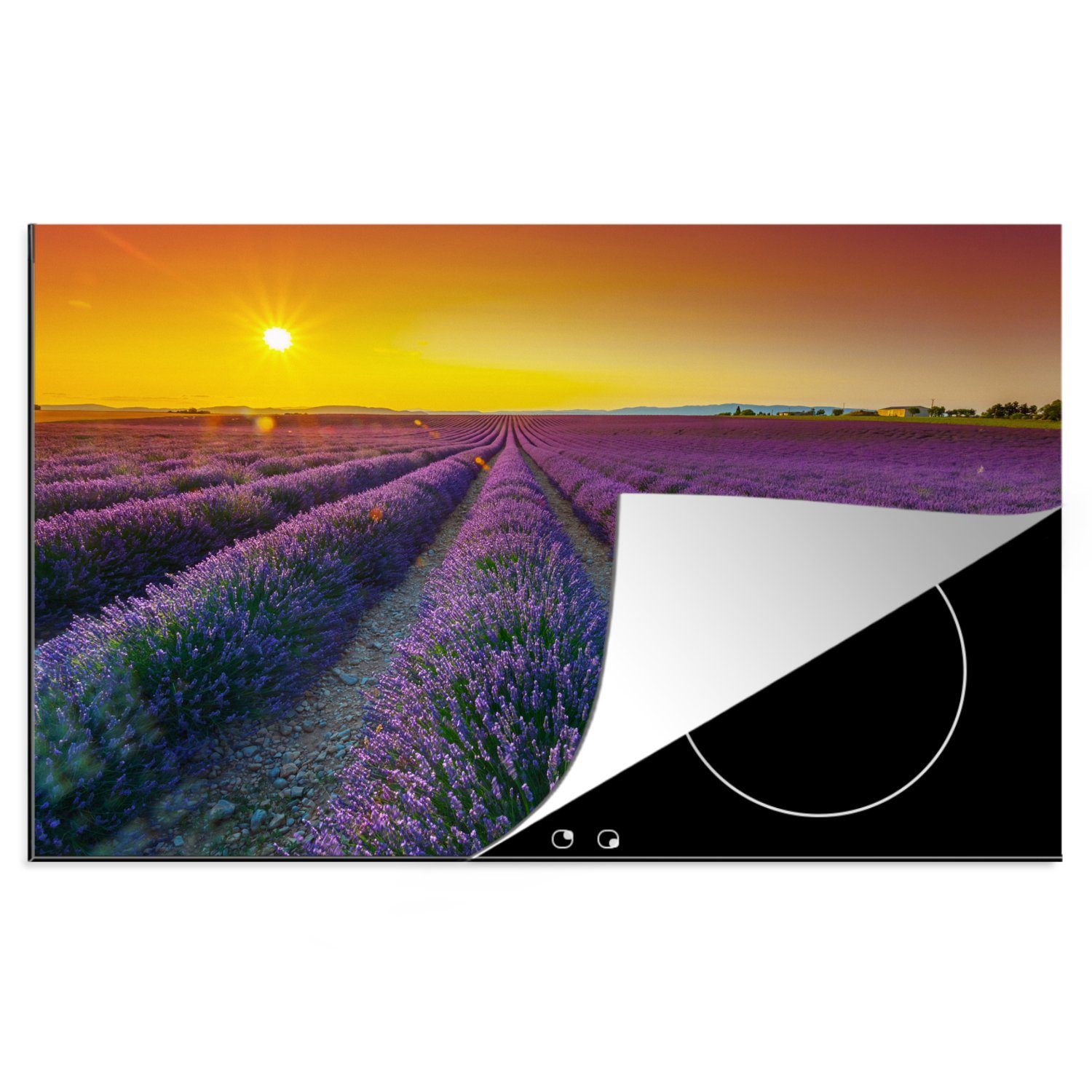 MuchoWow Herdblende-/Abdeckplatte Oranger Sonnenuntergang über einem Feld voller Lavendel, Vinyl, (1 tlg), 81x52 cm, Induktionskochfeld Schutz für die küche, Ceranfeldabdeckung