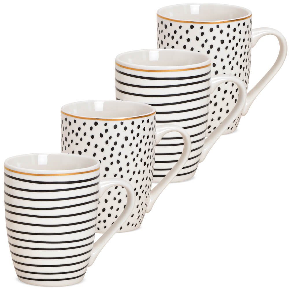 matches21 HOME & HOBBY Tasse Kaffeetassen 4er Set Streifen & Punkte Goldrand gestreift, 4-tlg., Porzellan, Tee Kaffee-Becher, modern, schwarz weiss gepunktet, 300 ml