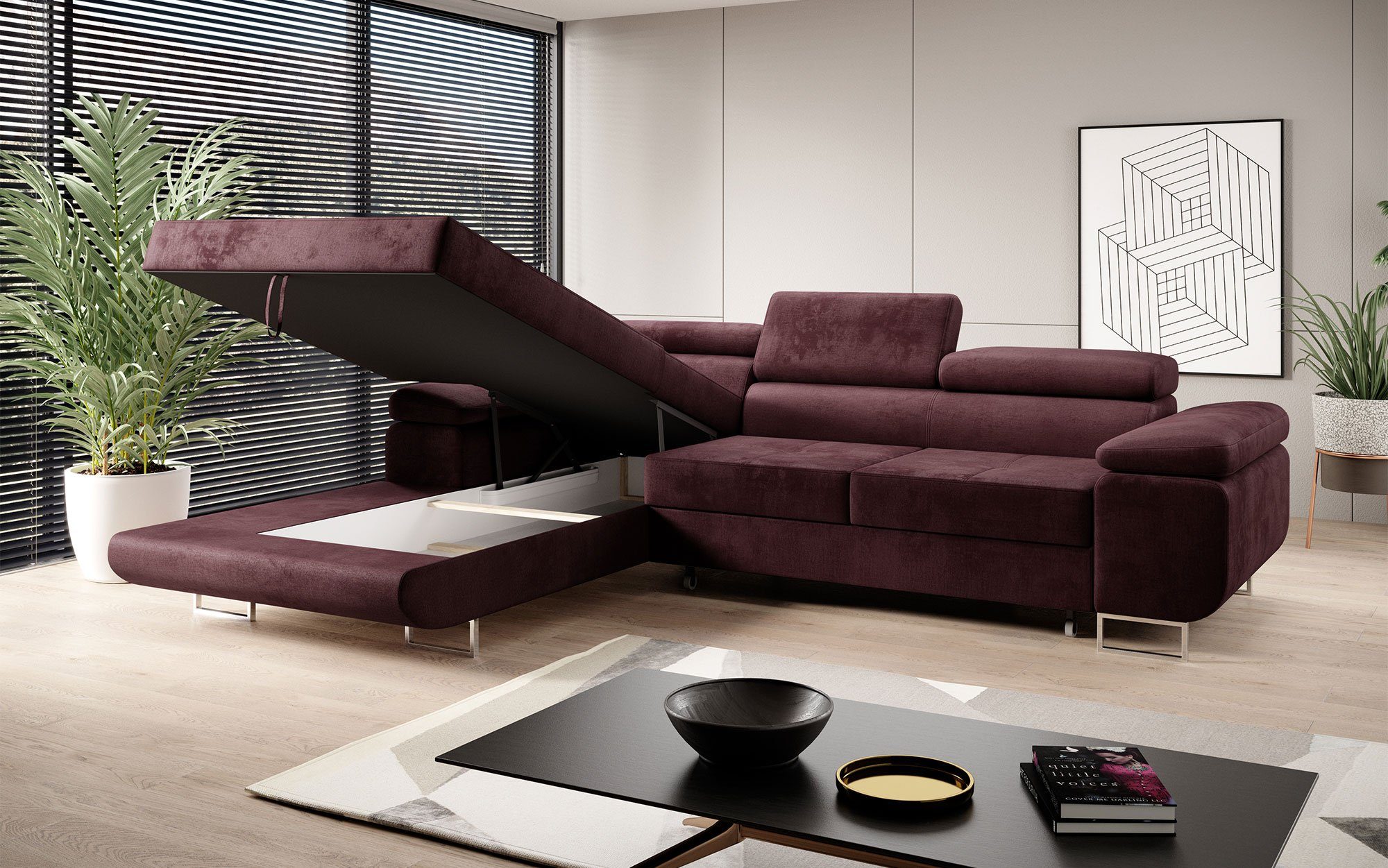 Baidani Sofa Klappfunktion, Calvera Schlaf- mit Bordeaux Designer Design und modernes Sofa