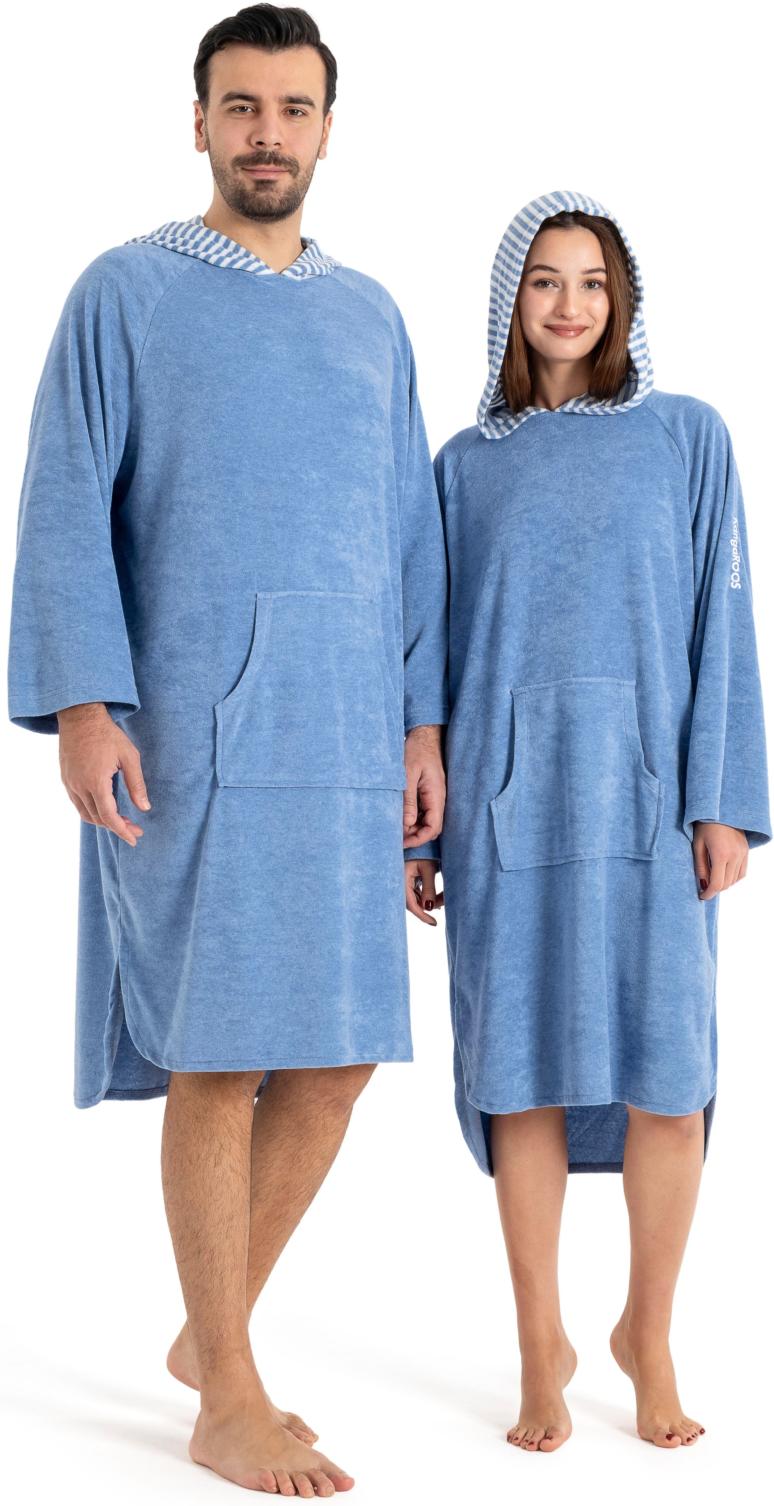 KangaROOS Badeponcho Dalia Surfponcho, ideal für Sauna, Spa & im Urlaub, Langform, Veloursfrottier, Kapuze, ohne, weich, Uni-Farben mit Streifen, leicht, Unisex, für Damen und Herren