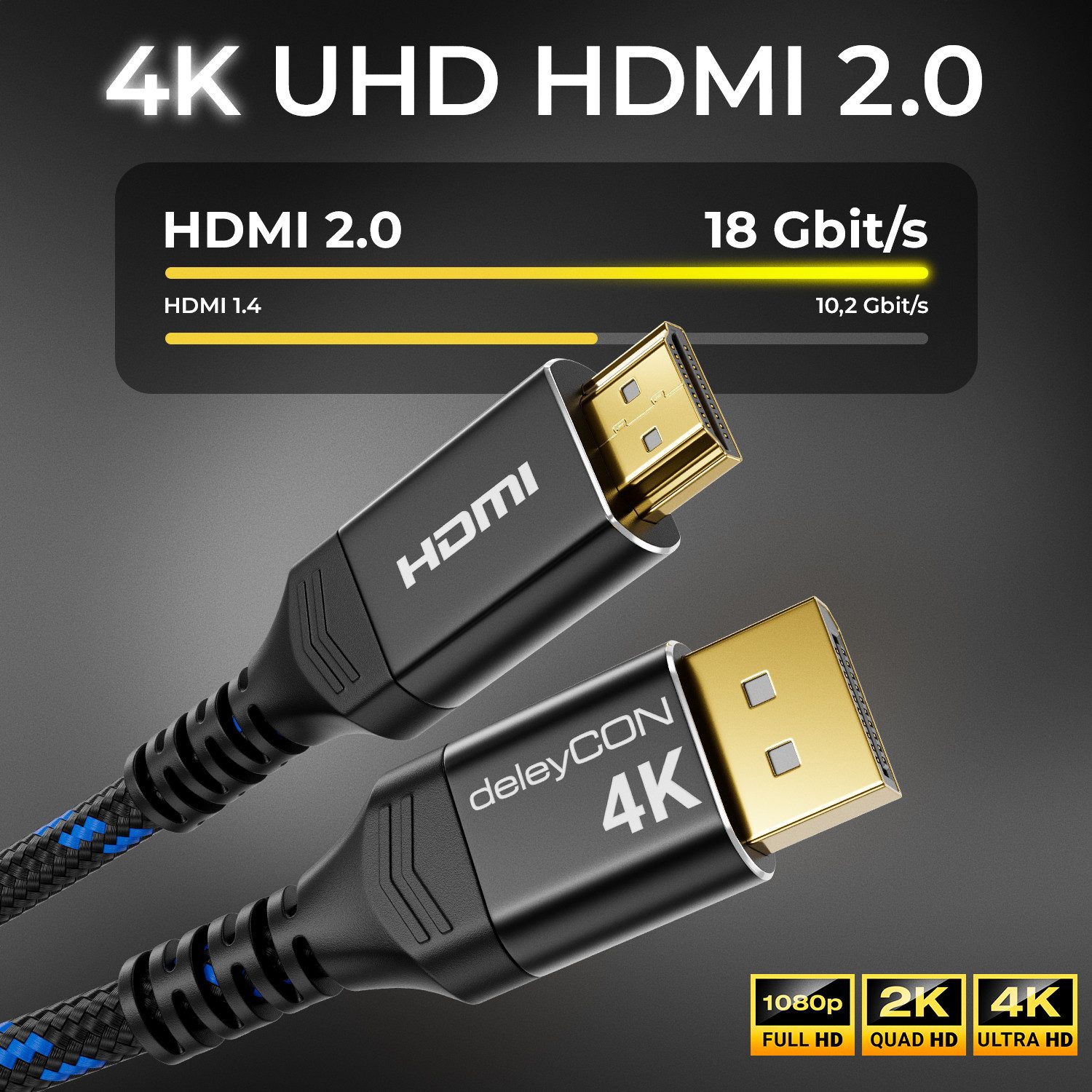 deleyCON 2m 4K DisplayPort zu HDMI Kabel 4K@60Hz Nylon Kabel Alu Stecker Video-Kabel – Bild 4 von 5