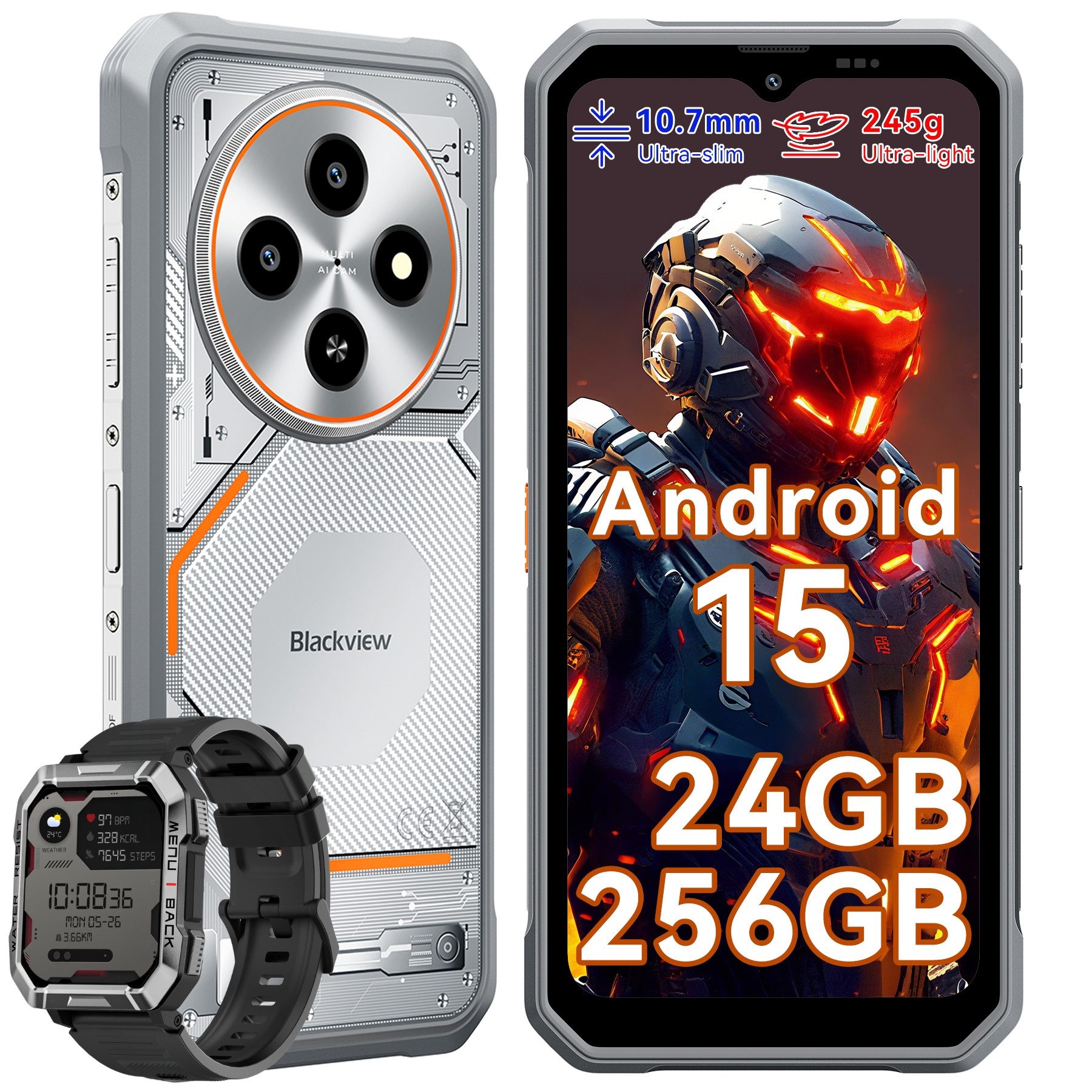blackview FORT 2 incl. W60 Smartwatch Ultradünnes Outdoor Smartphone (6.56 Zoll, 256 GB Speicherplatz, DokeOS 5.0, Android 15, 128/256GB, 16MP, 5W OTG)