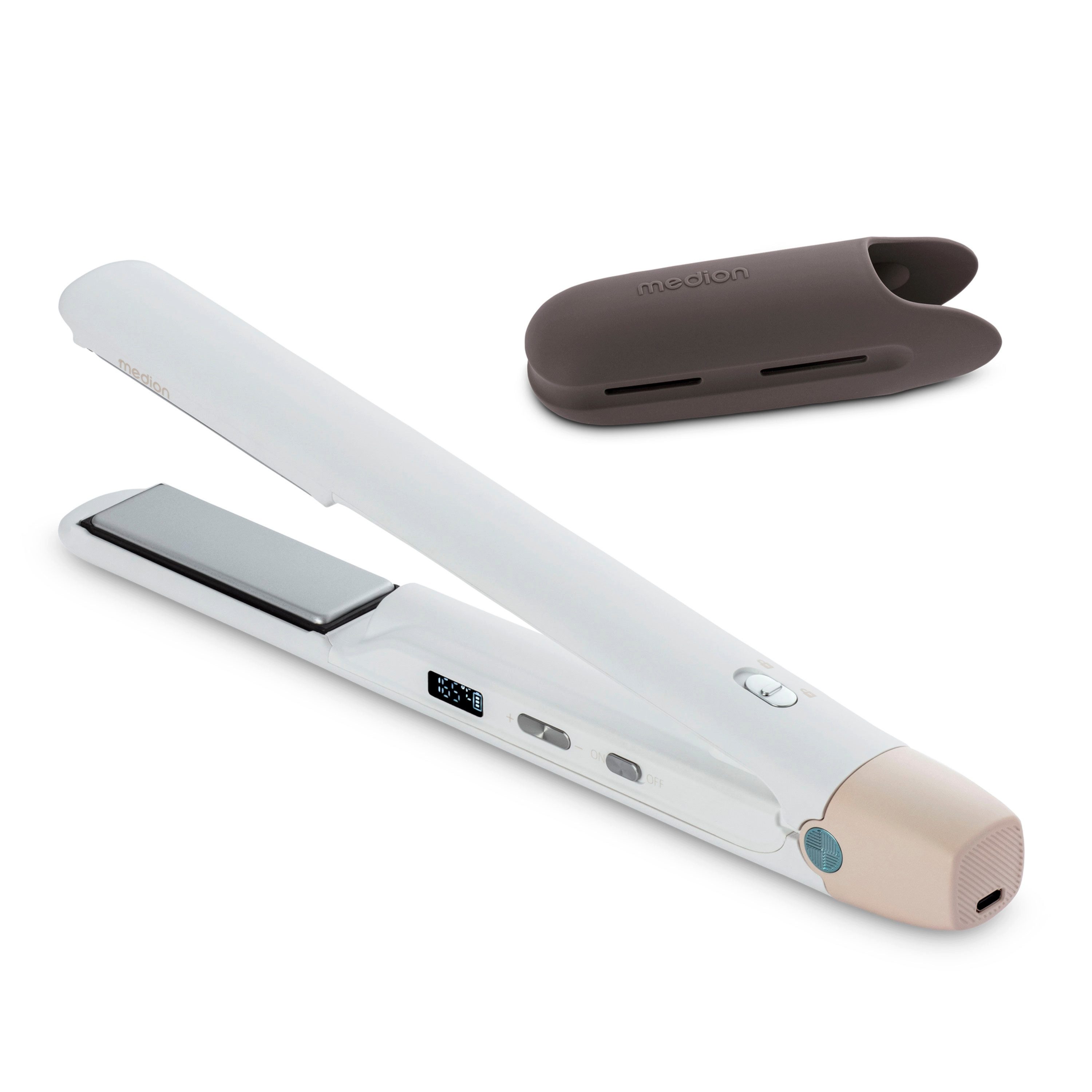 Medion® Glätteisen, Kabelloses Glätteisen MD19865, 5 regelbare Hitzestufen,165°-210°, breite Keramik-Turmalin Heizplatten