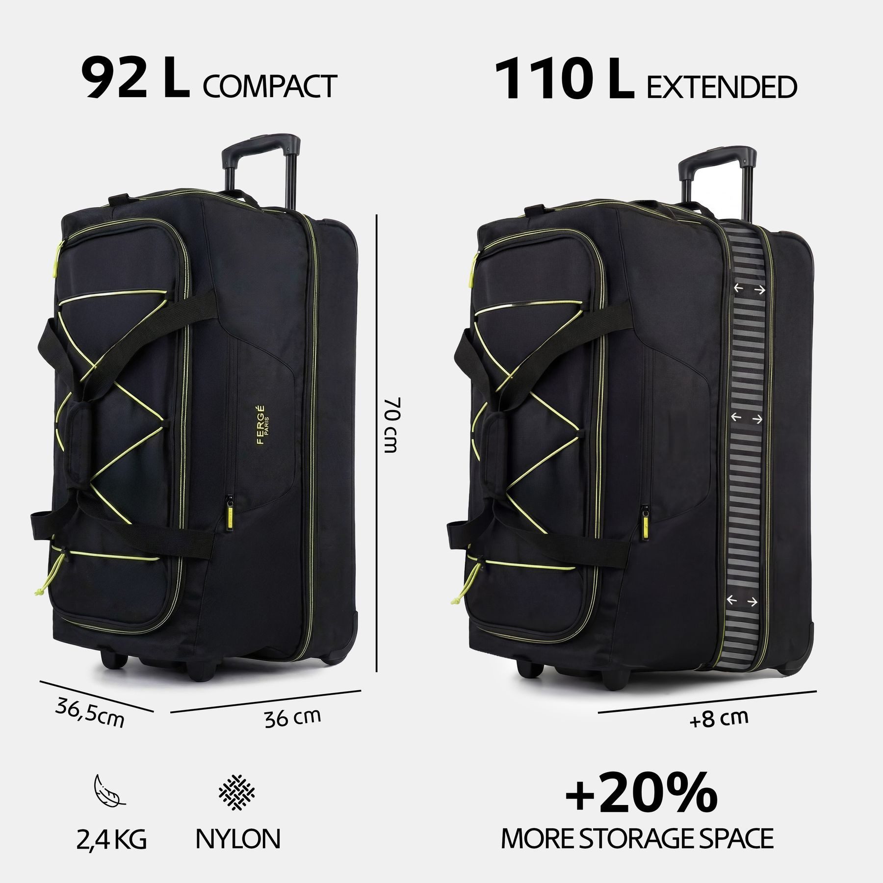 FERGÉ Reisetasche mit Rollen & extra Schuhfach, groß, XL, Tragetasche aus Nylon, Erweiterbare Reisetasche, Handgepäck / XL, Schuhfach & Außenfächer
