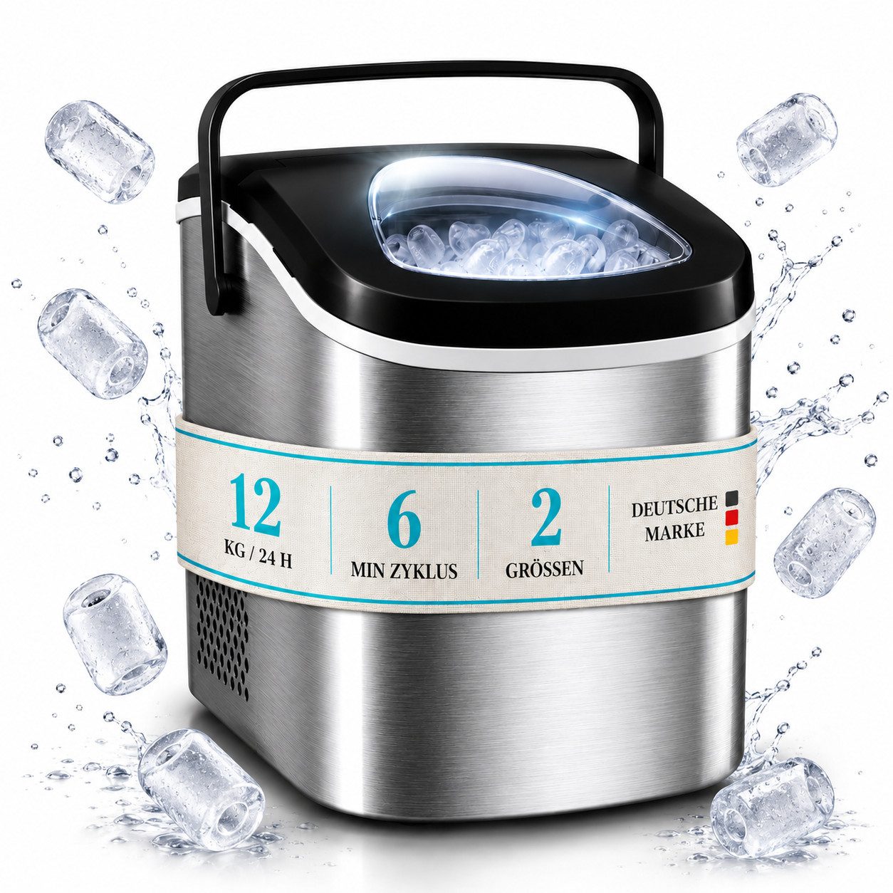 TOM Eiswürfelmaschine Eiswürfelbereiter 1,3L inklusive Eiszange, 12kg in 24h, Eismaschine, Herausnehmbarer Korb, Edelstahl, Sichtfenster
