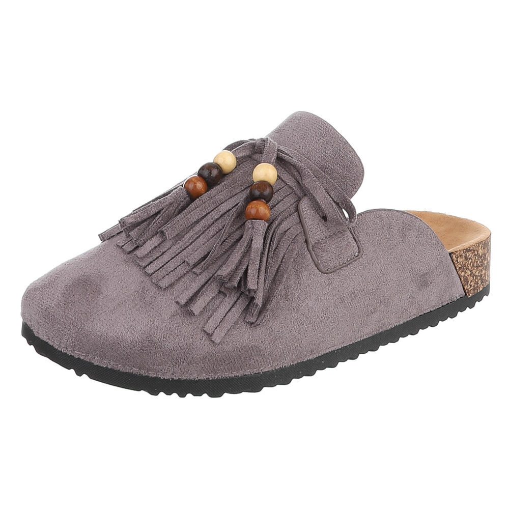 Ital-Design Damen Clog mit Fransen und Perlen, Schlupfschuh Pantolette (91742355) Flach Pantoletten in Grau