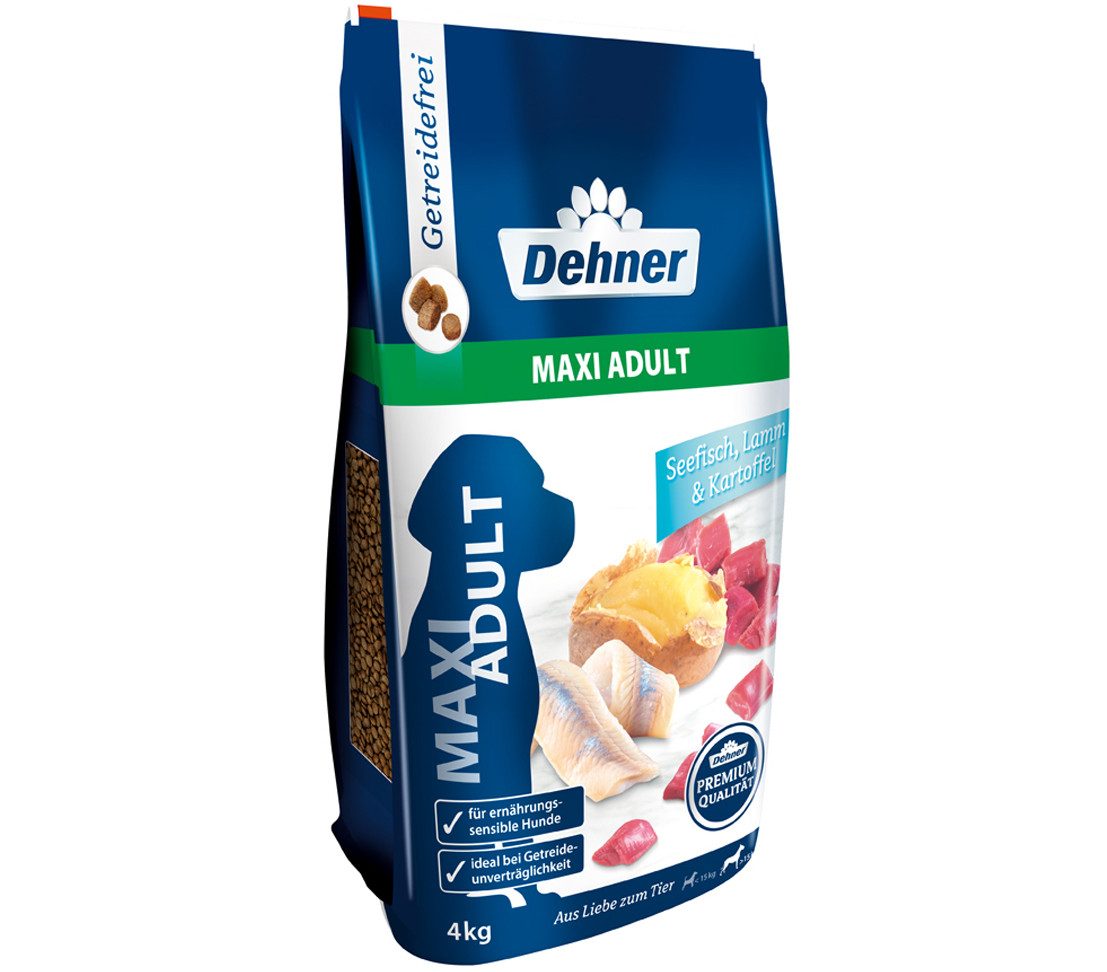 Dehner Premium Maxi Adult Fisch / Lamm / Kartoffel, 4kg / 8kg, getreidefrei Seefisch, 4000g, Сушеный корм для животных für ausgewachsene Hunde großer Rassen