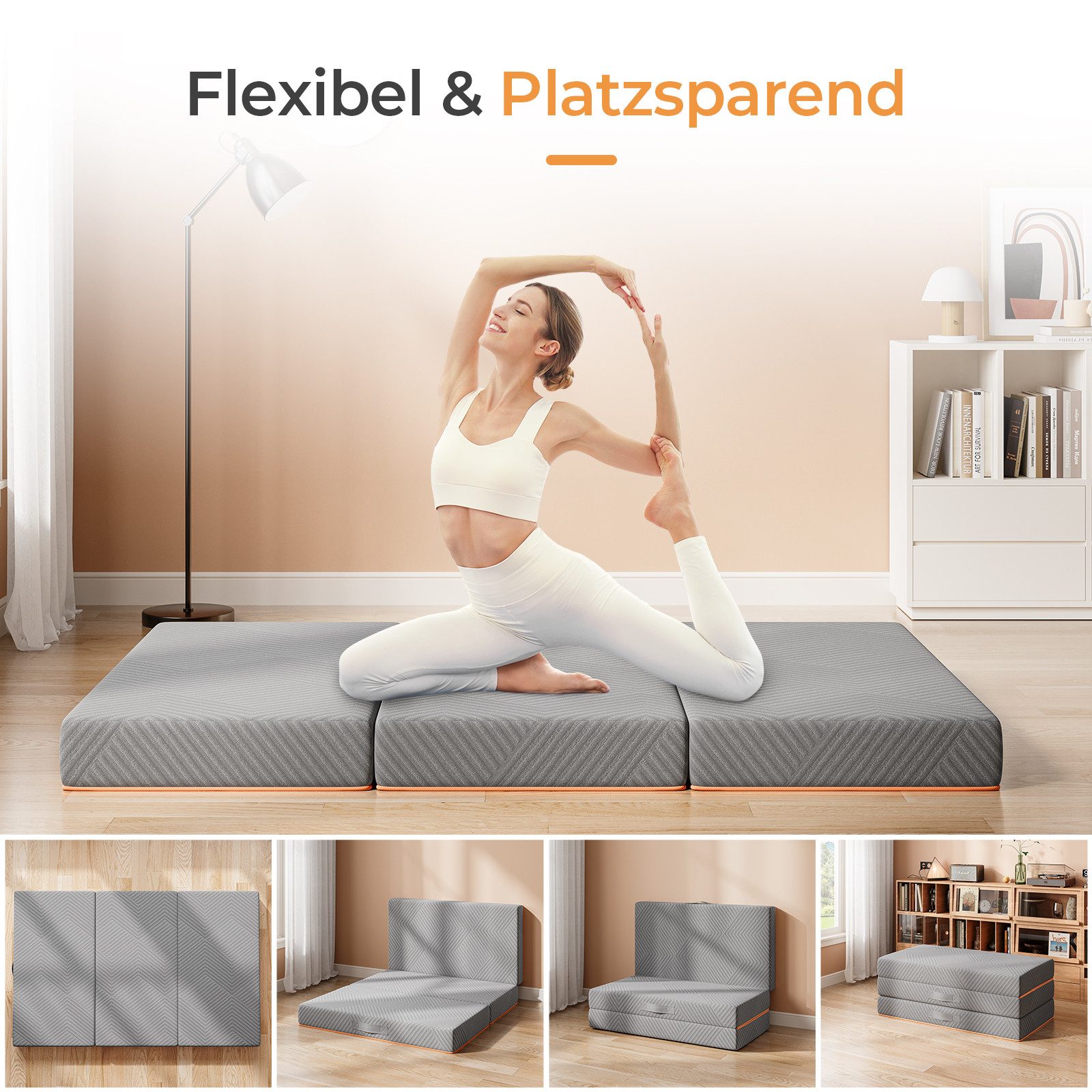 Klappmatratze 3-teilige Faltmatratze Gästematratze in grau Gästebett klappbar, Vesgantti, mit waschbarem Bezug, Camping Matratze, 10CM hoch, 15CM hoch – Bild 5 von 5