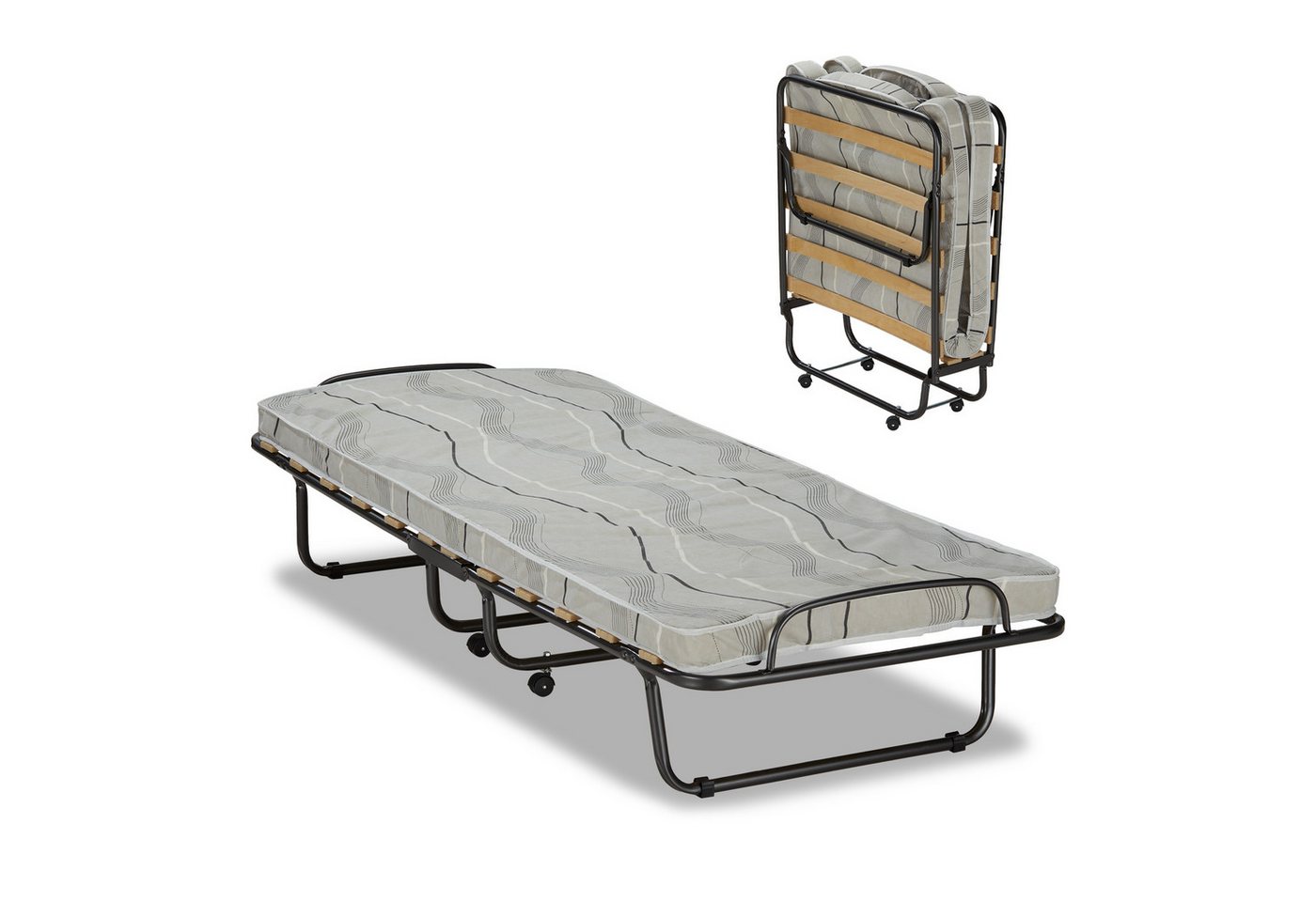 KHG Gästebett klappbares Metallbett stabil auf Rollen für Erwachsene & Kinder (leicht zu tragen und verstauen bis 90kg belastbar, 1-St) Klappbar auf Rollen inkl. Matratze
