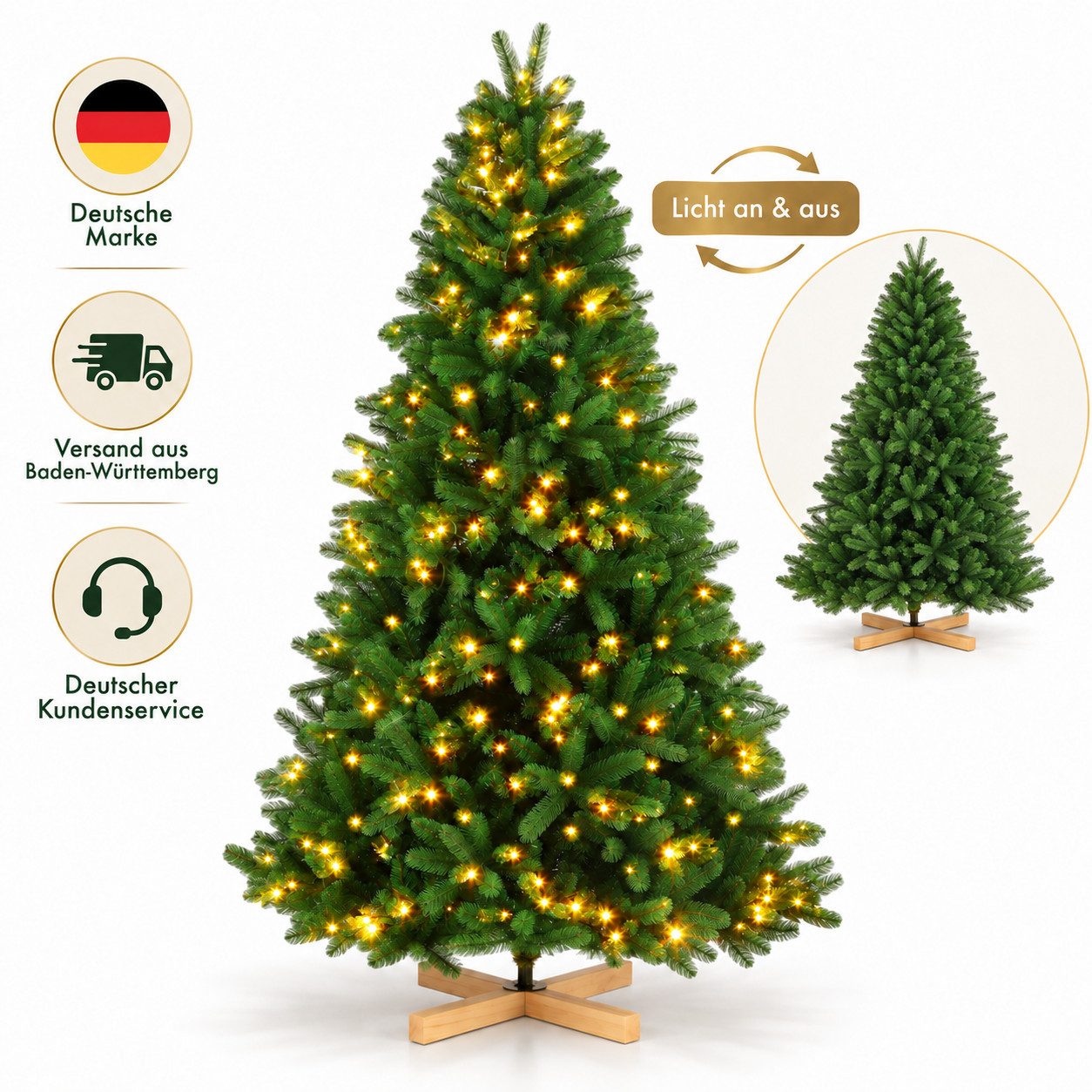 PixelPilot Künstlicher Weihnachtsbaum mit dichten Zweigen, Weihnachtsbaum, mit LED-Beleuchtung, dichten PE/PVC-Zweigen und Holzständer