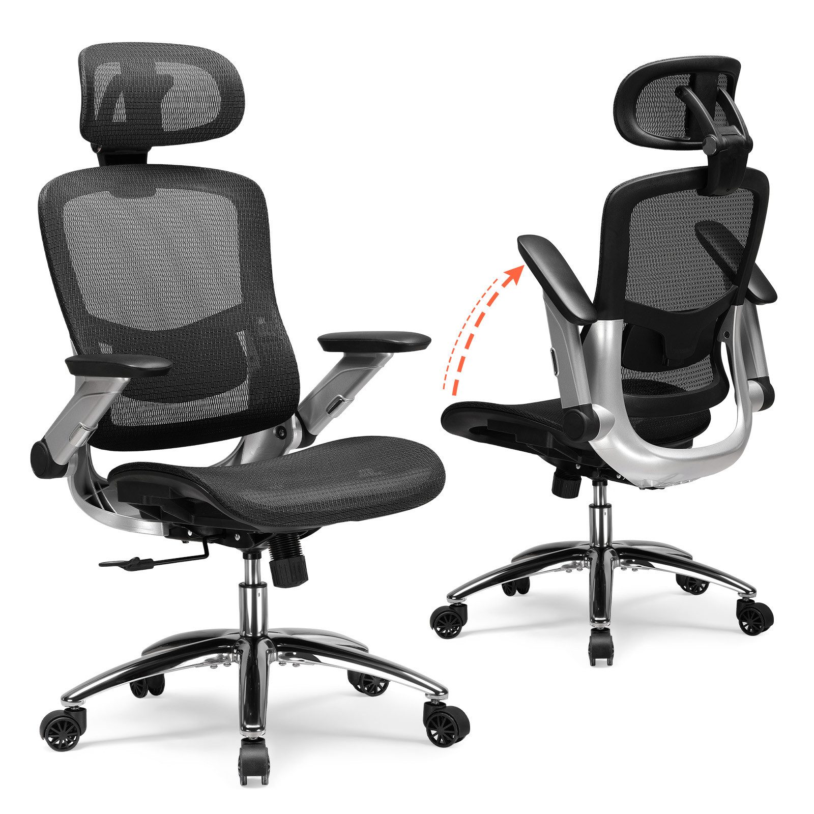 COMHOMA Bürostuhl ergonomischer schreibtischstuhl mit Mesh, 2D-Kopfstütze, 4D-Armlehnen, Hohe Rückenlehne mit Wipp- & Feststell 90-125°