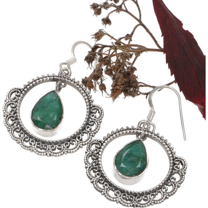 Guru-Shop Paar Ohrhänger Verzierter Silberohrring - Smaragd
