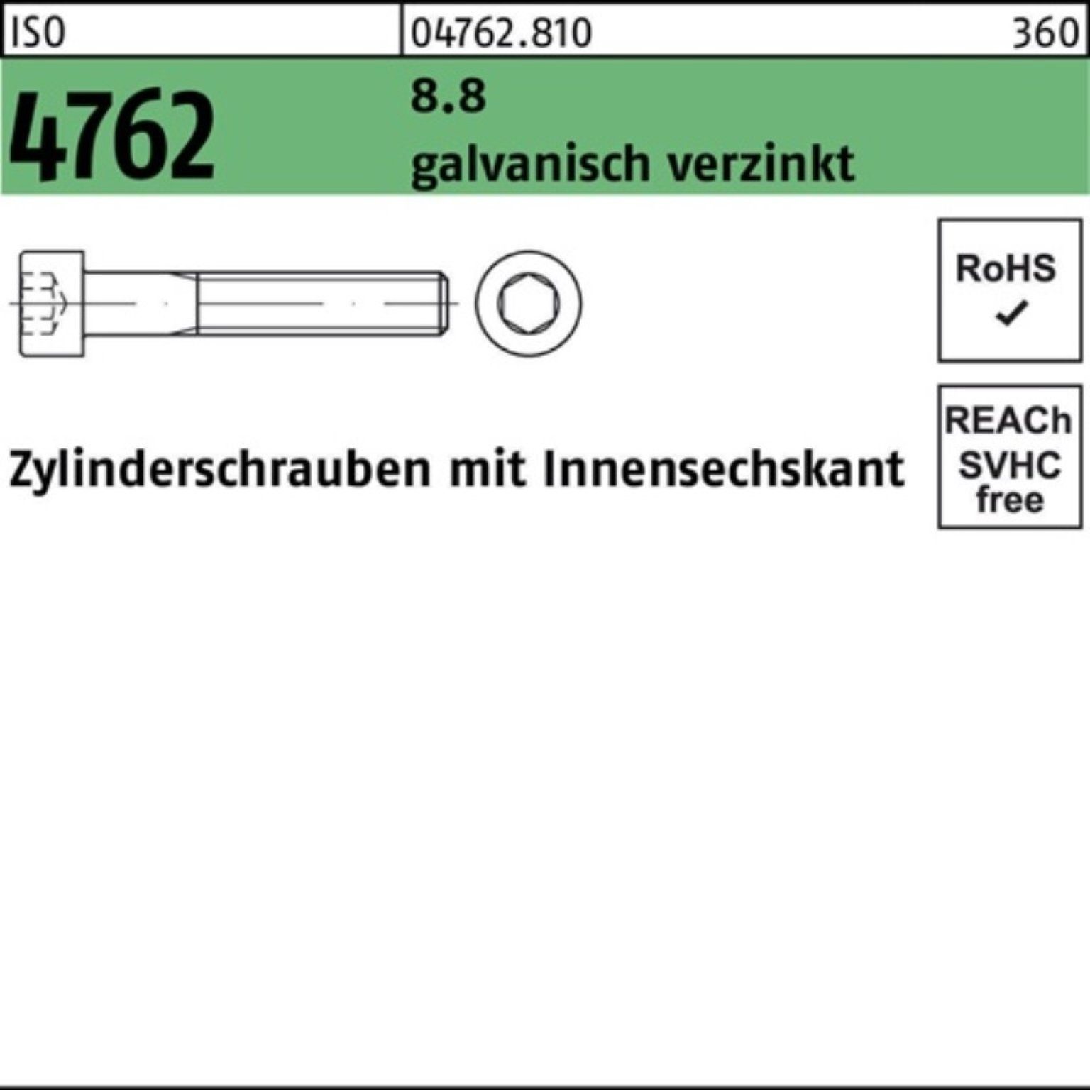 galv.verz. ISO Zylinderschraube Pack 4762 100 Zylinderschraube Reyher Innen-6kt 8.8 M4x6 100er