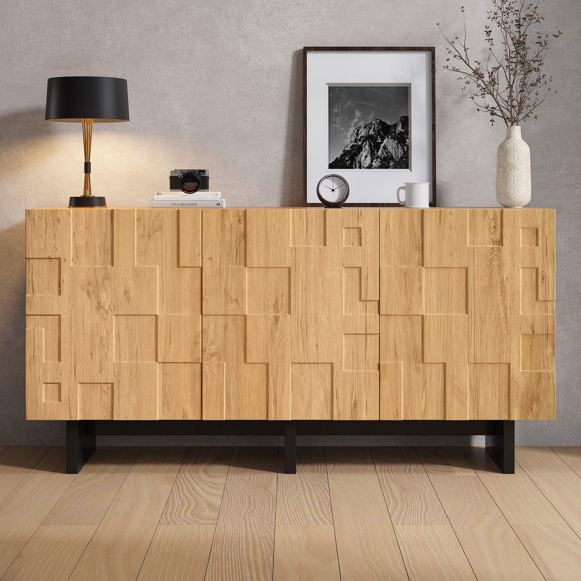KLAM HOME Sideboard Landhausstil Sideboard 140cm mit Waffelgitter-Türen (Griffloser Aufbewahrungsschrank mit 5 Staufächern & Soft-Close), …