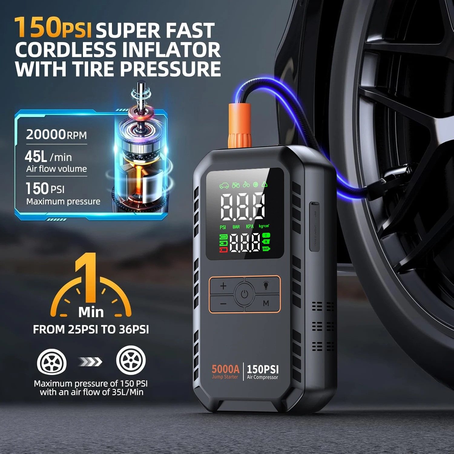 Athlix 4-in-1 Auto-Starthilfe mit Luftkompressor 5000A Auto-Batterie-Booster Starthilfegerät, 150 PSI Luftpumpe, 12.000 mAh Akku, LED Display