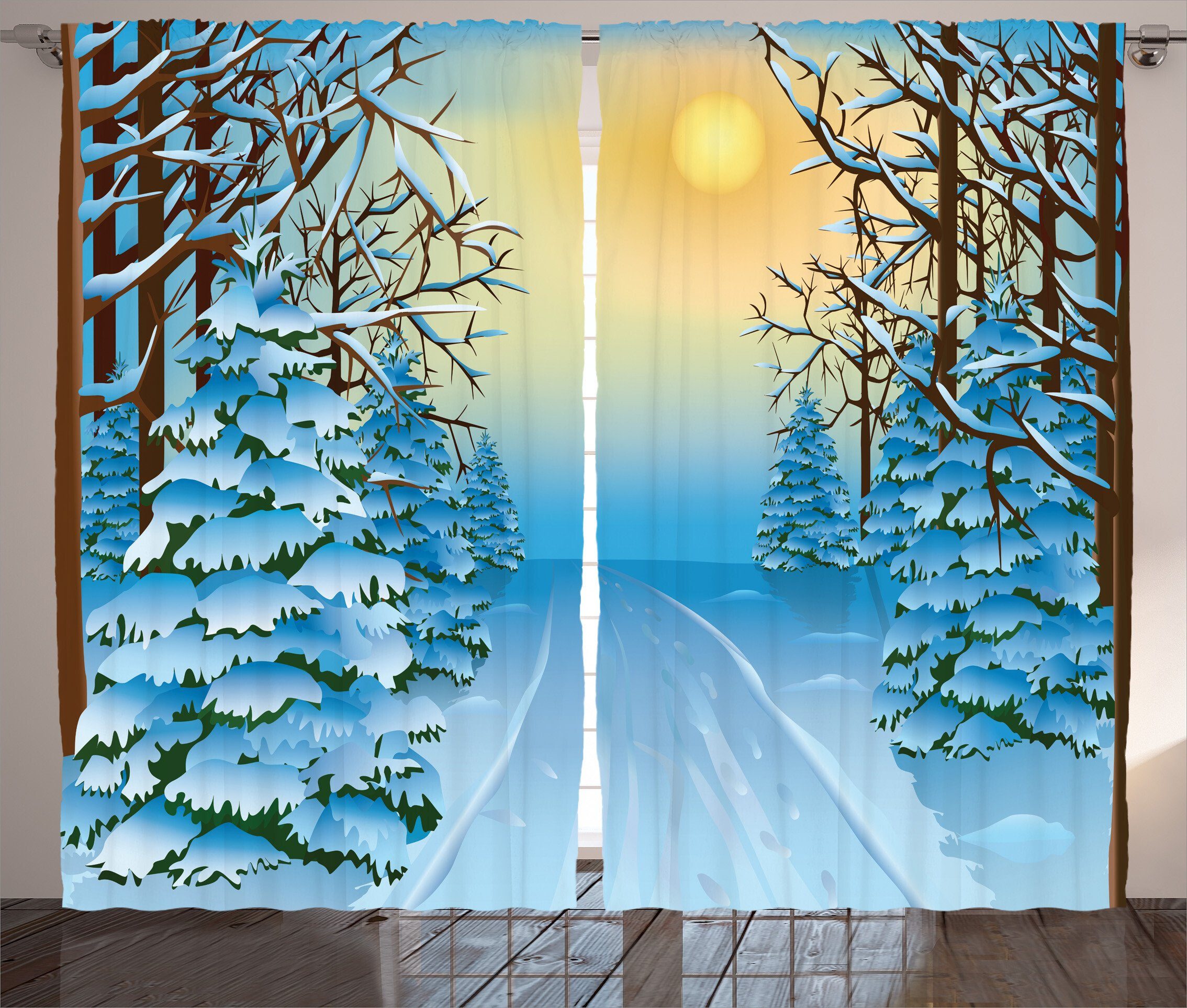 Gardine Schlafzimmer Kräuselband Vorhang mit Haken, Winter und Cartoon-Landschaft Schlaufen Abakuhaus