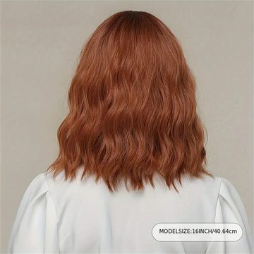 RefinedFlare Toupet Rotbraune mittellange gewellte Bob-Perücke für Damen, natürlich