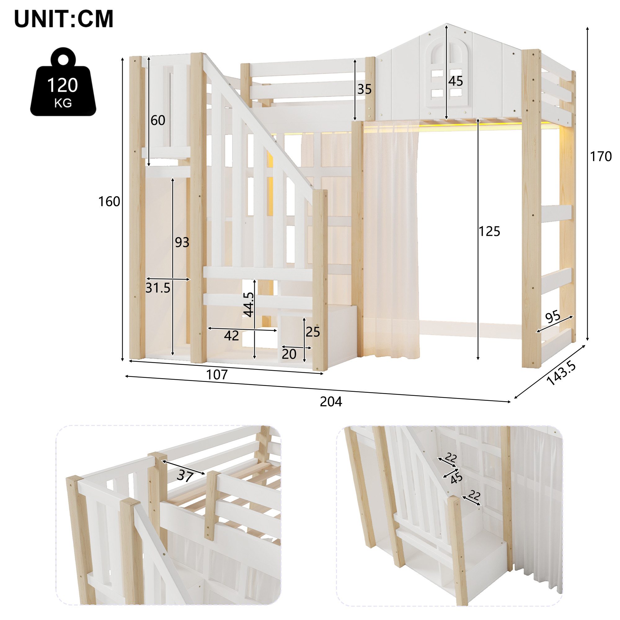 Ulife Etagenbett Hochbett Kinderbett mit LED-Leuchten, Fensterform, Ablageleiter (1-St., Ohne Matratze), Weiß+Natur,90x200cm – Bild 2 von 5
