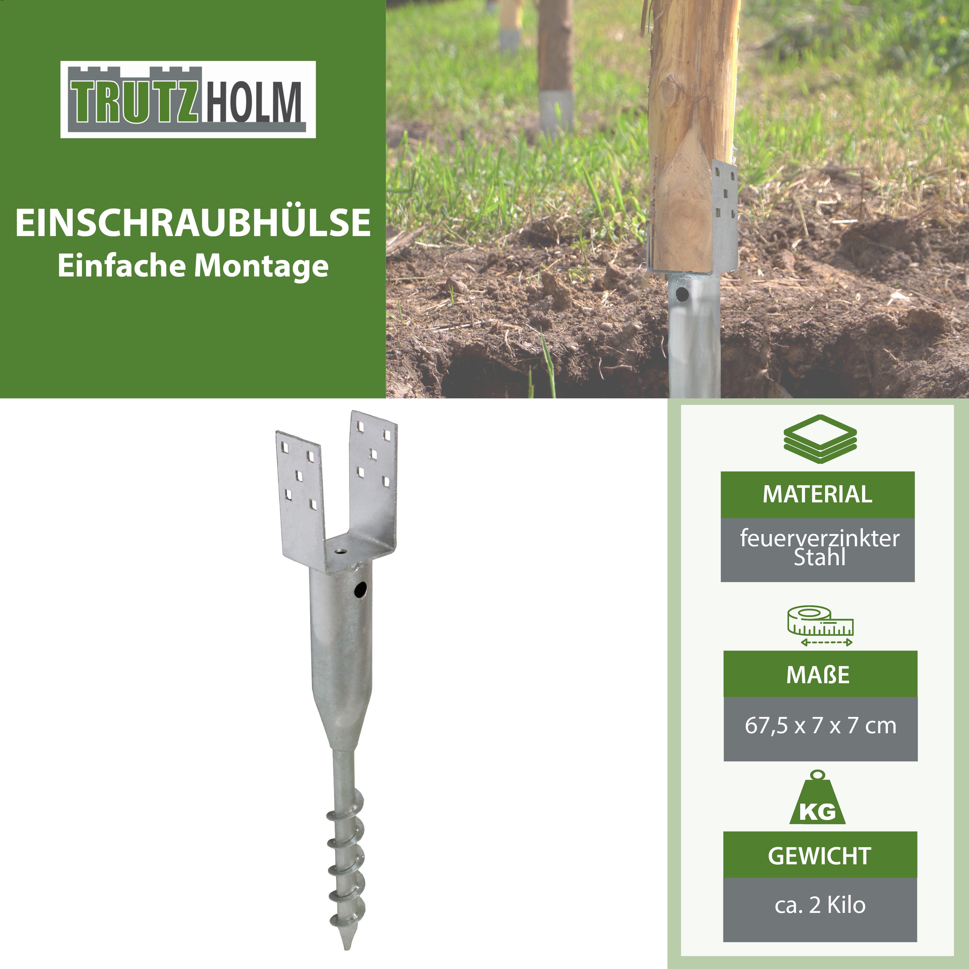 TRUTZHOLM Einschraub-Bodenhülse 6x U-Profil Bodenhülse zum Einschrauben 7x7 cm 67,5 cm Länge, für Abmessungen Spitze bis Boden der Lasche (HxBxT): ca. 54x7x7cm - Abmessungen Lasche (LxBxH): ca. 7x7x13,5cm, zum Eindrehen, (Produkt, 6-St), feuerverzinkt für Vierkanthölzer