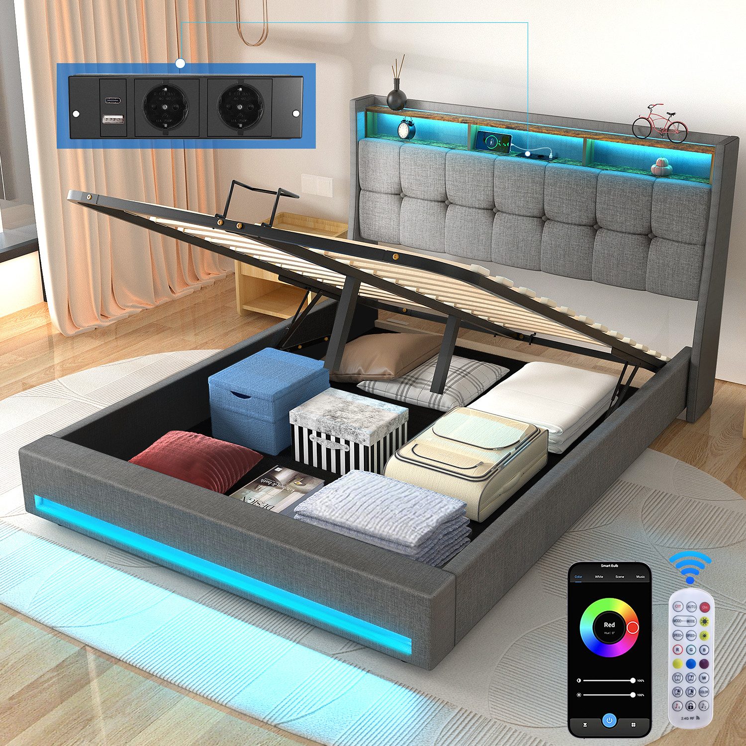 WILGOON Polsterbett Stauraumbett Doppelbett mit LED günstig online kaufen