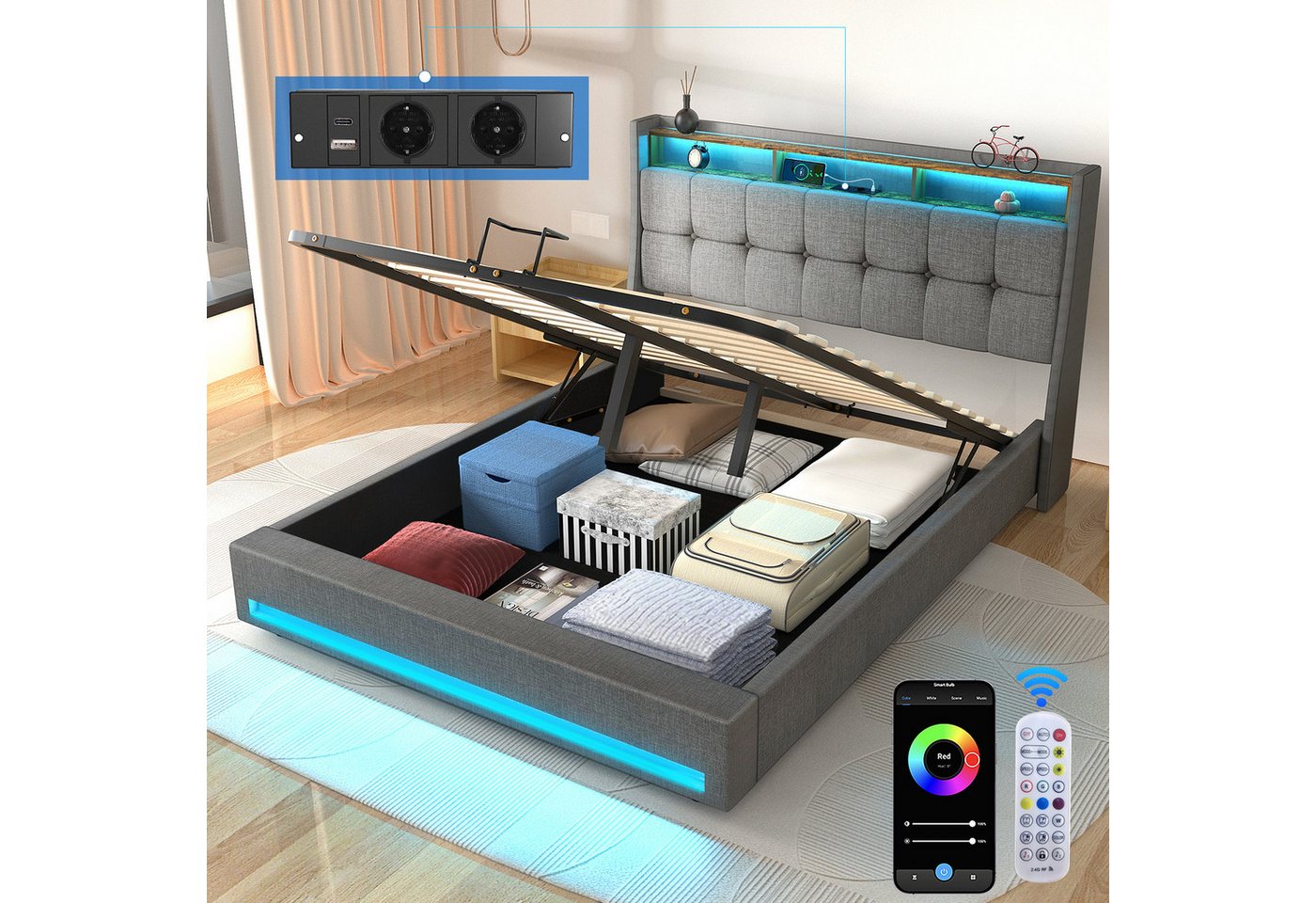 oyajia Polsterbett Doppelbett mit LED Licht,Hydraulisch anhebbarer Stauraumbett 140x200cm (Mit Lattenrost und Ladefunktion, Leinenmaterial Polsterbettt), Modernes Jugendbett, Leises Design Bett, Max. Belastbarkeit 350 kg