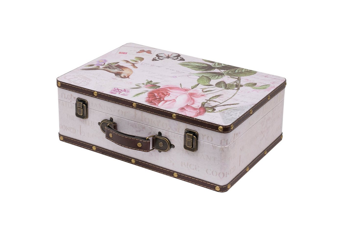 HMF Aufbewahrungsbox Vintage Koffer Holz, Aufbewahrungsbox mit Deckel und Ledergriff als, und Geschenkidee für Hochzeit oder Geburtstag, Rose, 38 x 26 x 13 cm
