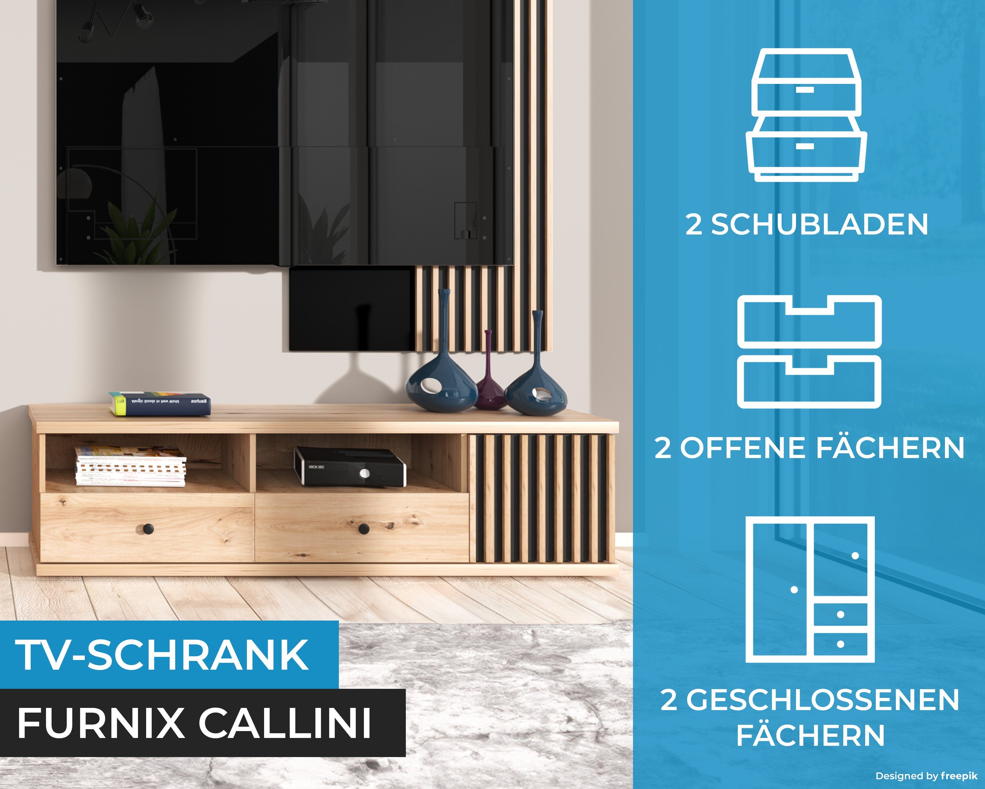 Furnix TV-Schrank CALLINI C-6 Lowboard T40,6 x 1 x und mit Tür cm H43,5 B160,8 Schubladen Artisan 2 Eiche
