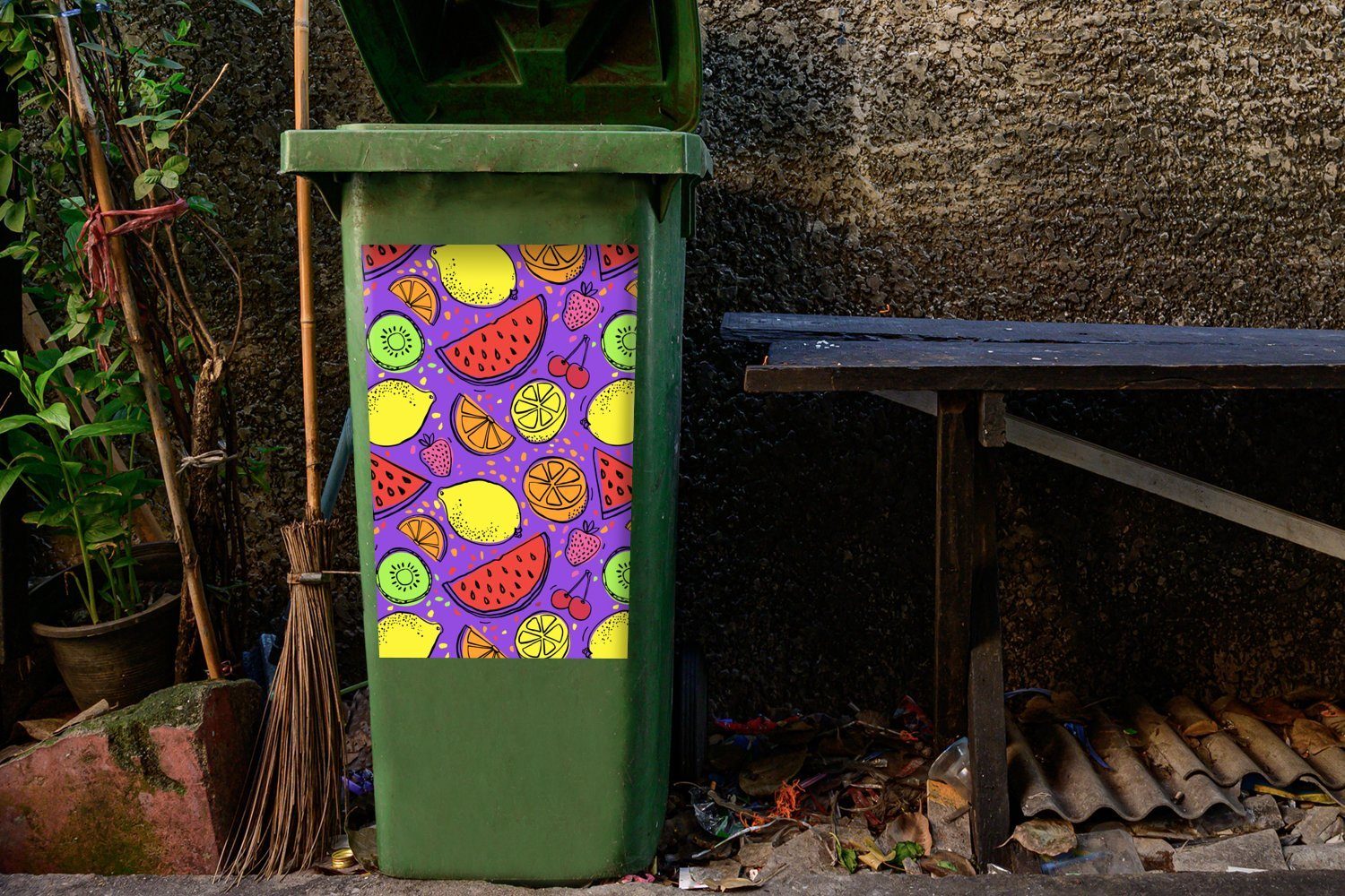 MuchoWow Wandsticker Neon - Obst St), Lila Container, Mülltonne, (1 Abfalbehälter Sticker, - Mülleimer-aufkleber