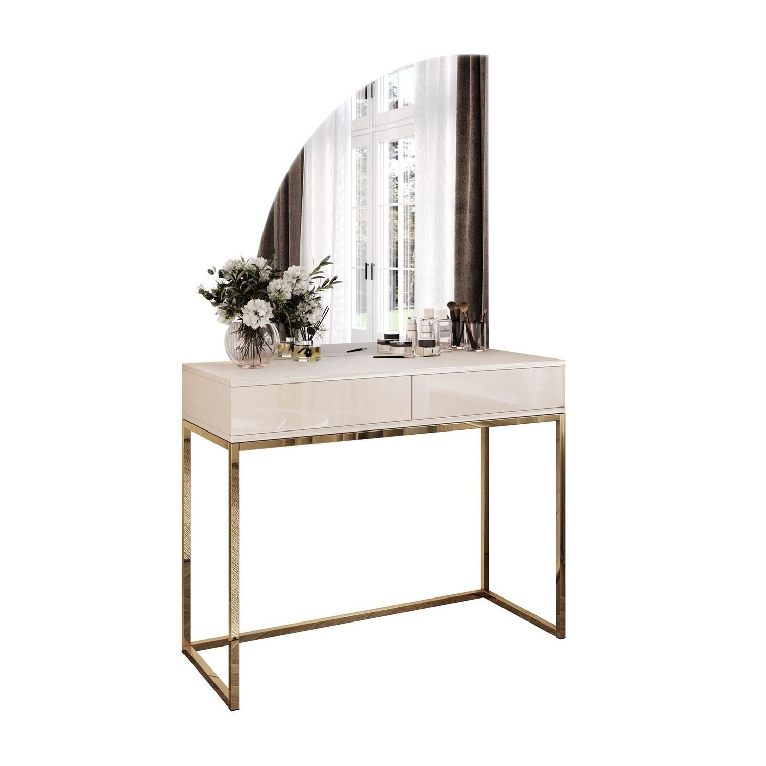 ALLHOUSE24 Schminktisch BUENO Halbmond-Spiegel Kaschmir LED-Beleuchtung, Metallgestell Gold (1x Konsolentisch, 1x Spiegel mit LED Beleuchtung), Breite 100 cm