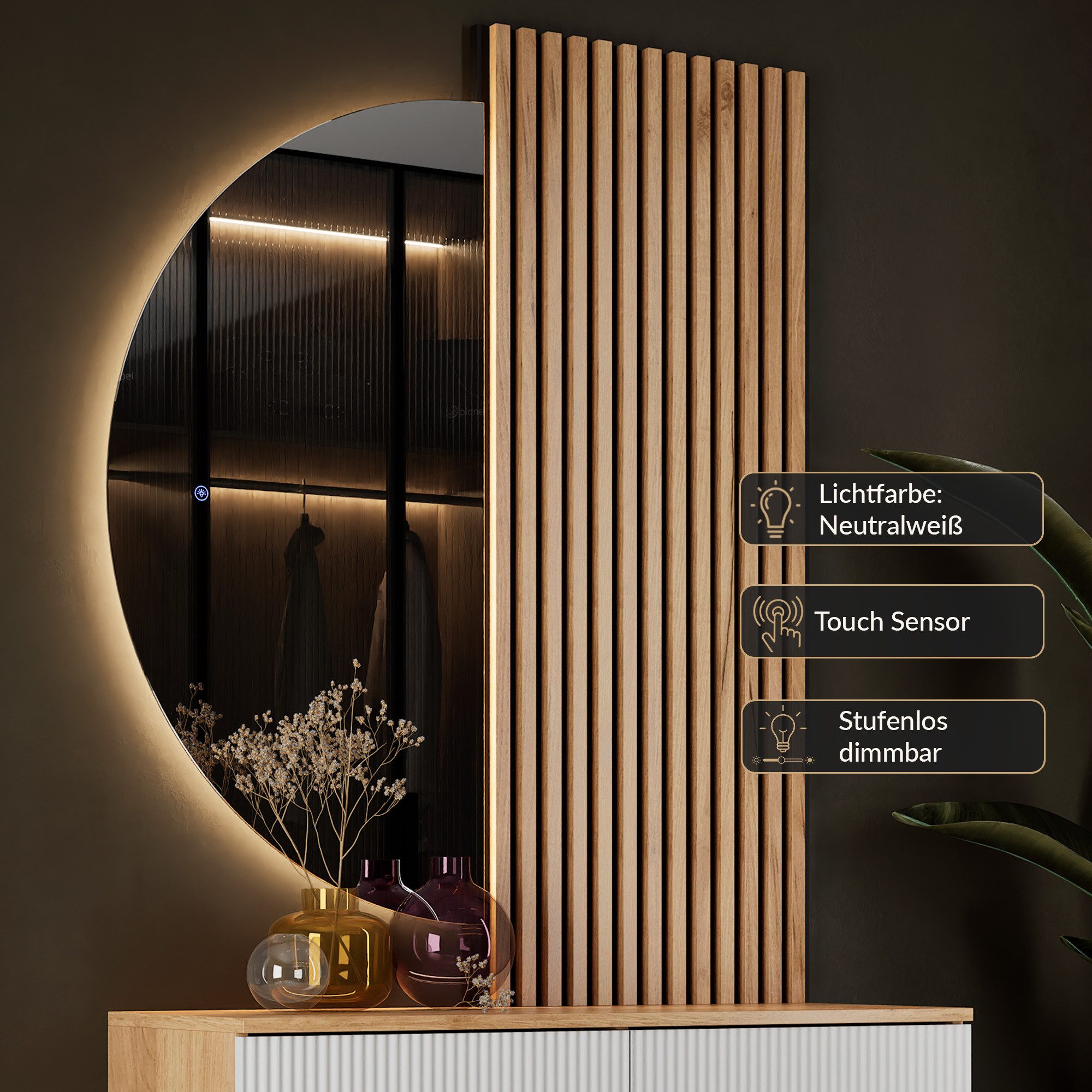 Planetmöbel Garderoben-Set AMYRA Flur Garderobe Spiegel mit Beleuchtung & Akustikpaneele, (LED Spiegel NIVORA 50 x 100 cm, Touch-Funktion, Dimmbar, Konsolentisc – Bild 5 von 5