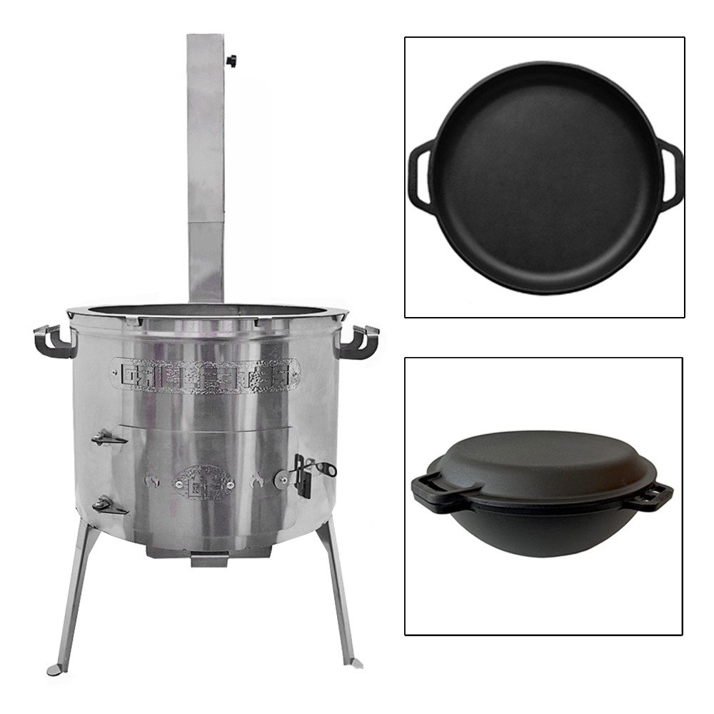Grillpeter Holzkohlegrill Utschak Set Timur Edelstahl mit Kazan 15 Liter Deckel-Pfanne