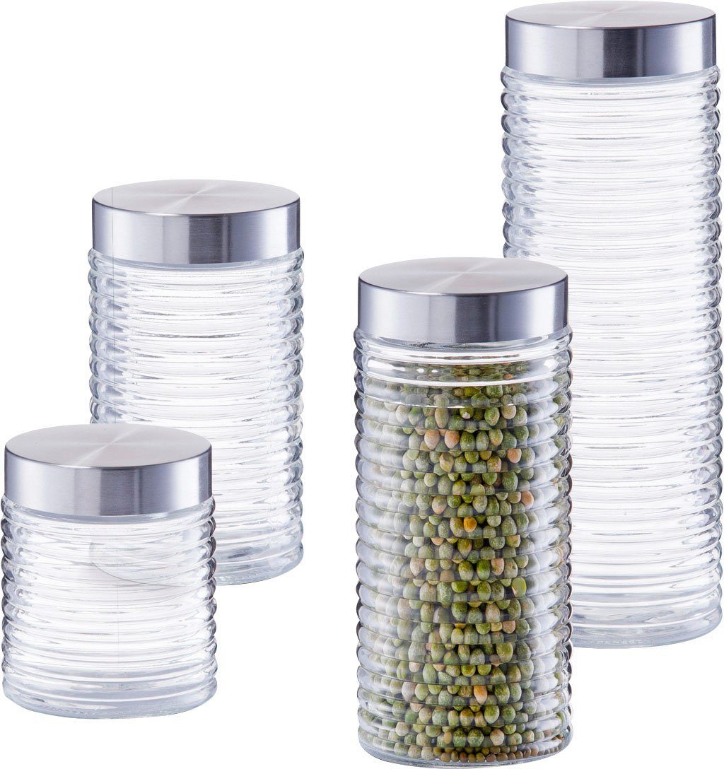 4-tlg) Zeller Glas, Edelstahl, Present Vorratsglas (Set, gerillt,