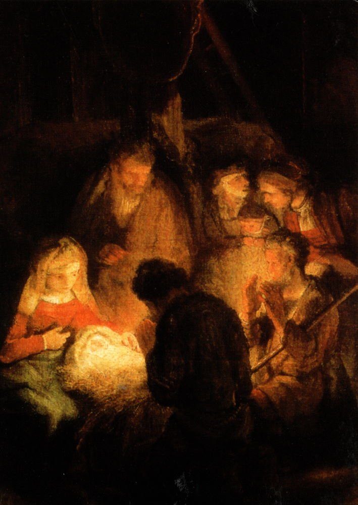 Postkarte Kunstkarte Rembrandt "Anbetung der Hirten (Ausschnitt)"
