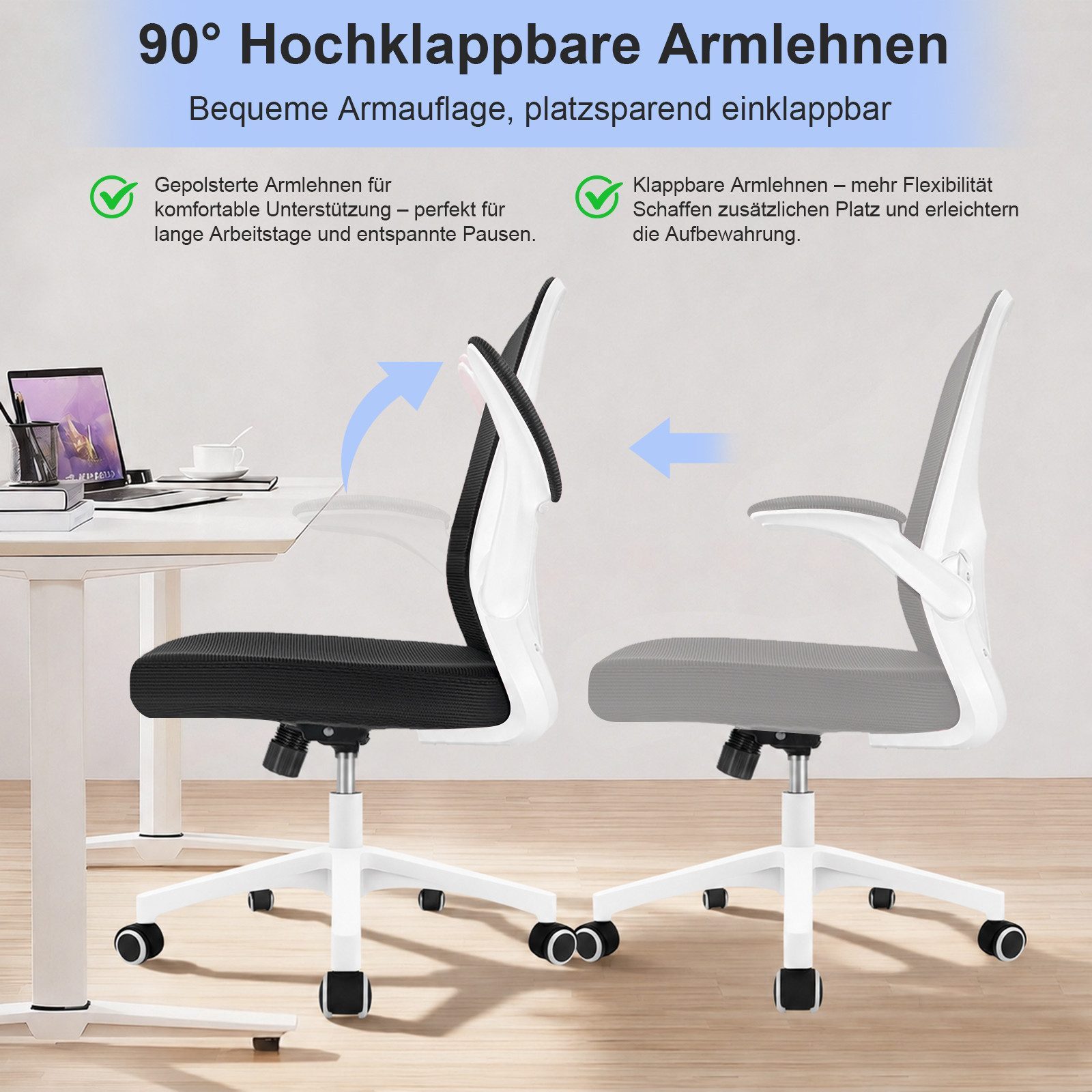 Durrafy Bürostuhl Ergonomischer Bürostuhl,Schreibtischstuhl mit klappbaren Armlehnen, Chefsessel mit 150 kg Tragfähigkeit – Bild 5 von 5