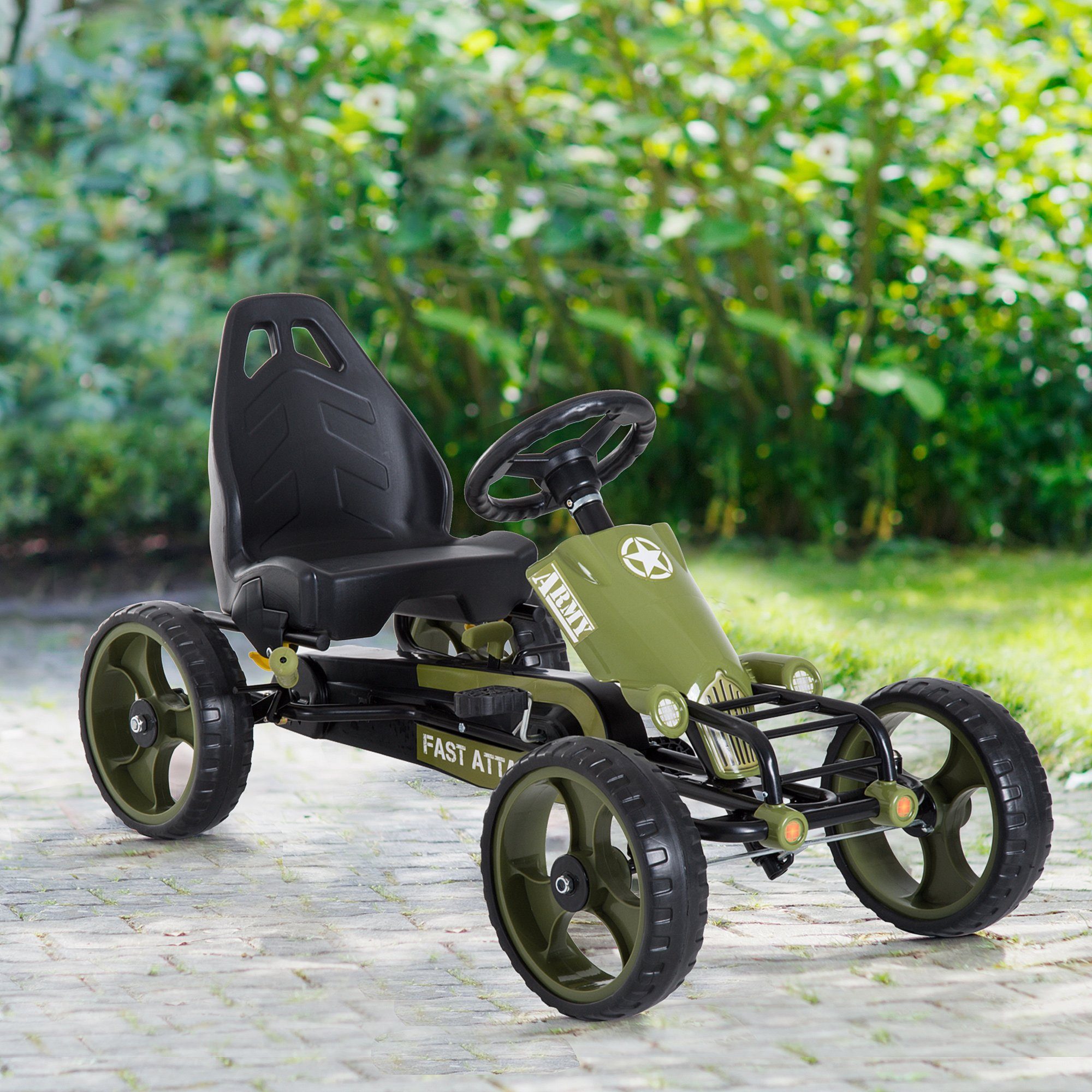 HOMCOM Go-Kart Tretauto Kinderfahrzeug mit Handbremse und verstellbarem Sitz, Grün 105 x 54 x 61cm – Bild 2 von 5