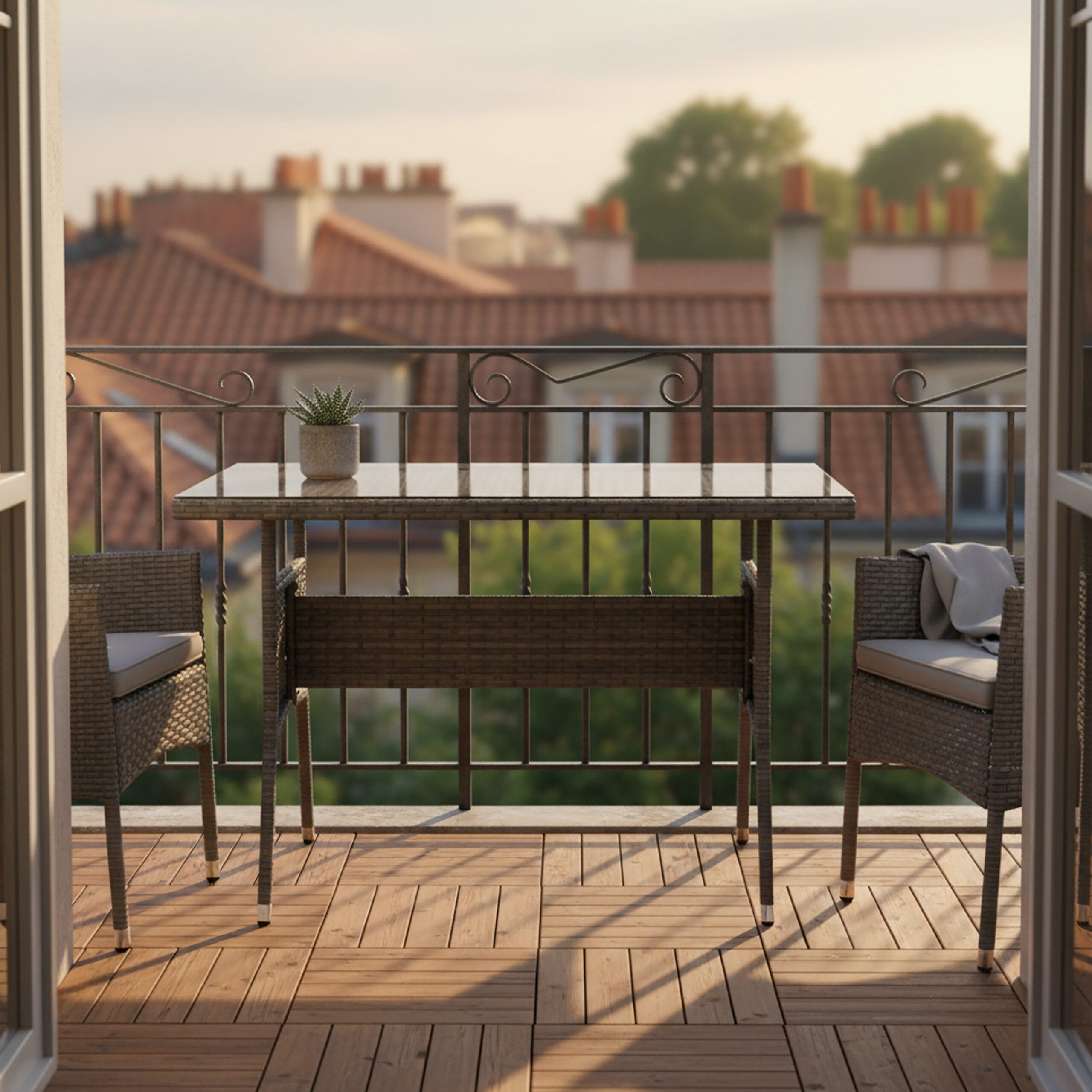 relaxdays Gartentisch Rattanoptik mit Glasplatte, grau