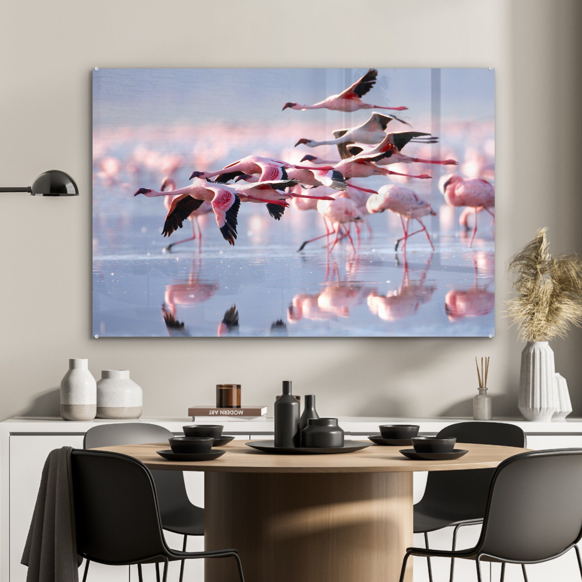 Flamingos Schlafzimmer Rosa (1 Wasser, Acrylglasbild MuchoWow Acrylglasbilder dem St), Wohnzimmer & auf