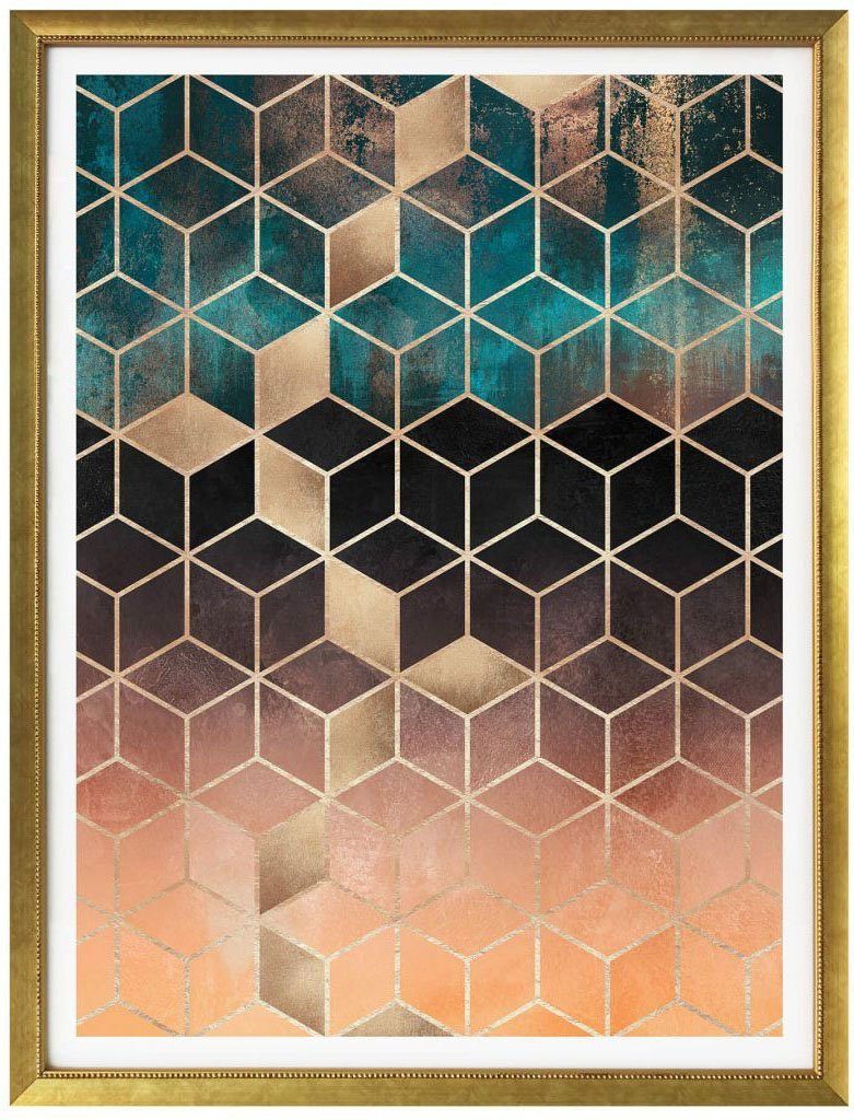 St) (1 Wall-Art Schriftzug Grün Gold Geometrie, Poster