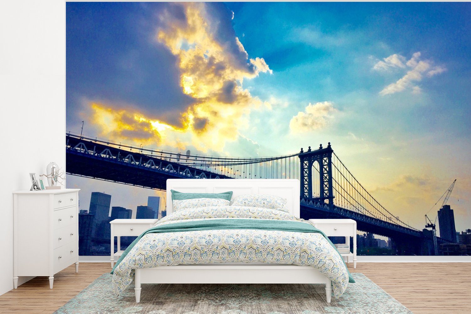 MuchoWow Fototapete Sonnenstrahlen auf der amerikanischen Brooklyn Bridge, Matt, bedruckt, (6 St), Wallpaper für Wohnzimmer, Schlafzimmer, Kinderzimmer, Vinyl Tapete