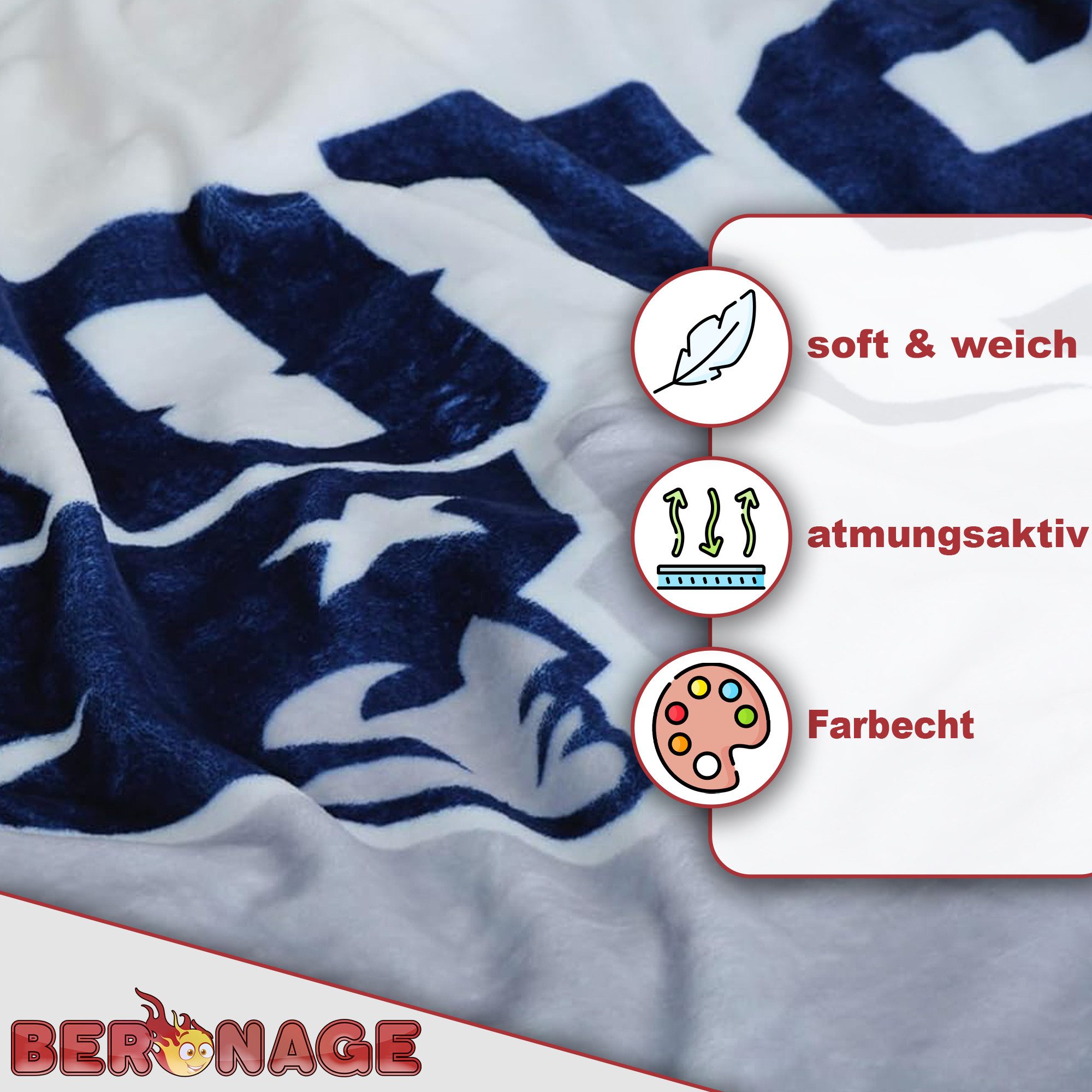 Wohndecke NFL New England Patriots Decke 150x200 cm Wellsoft Kuscheldecke, BERONAGE, passend zur Bettwäsche, ideal für Sofa, Couch, Bett, Auto, Camping