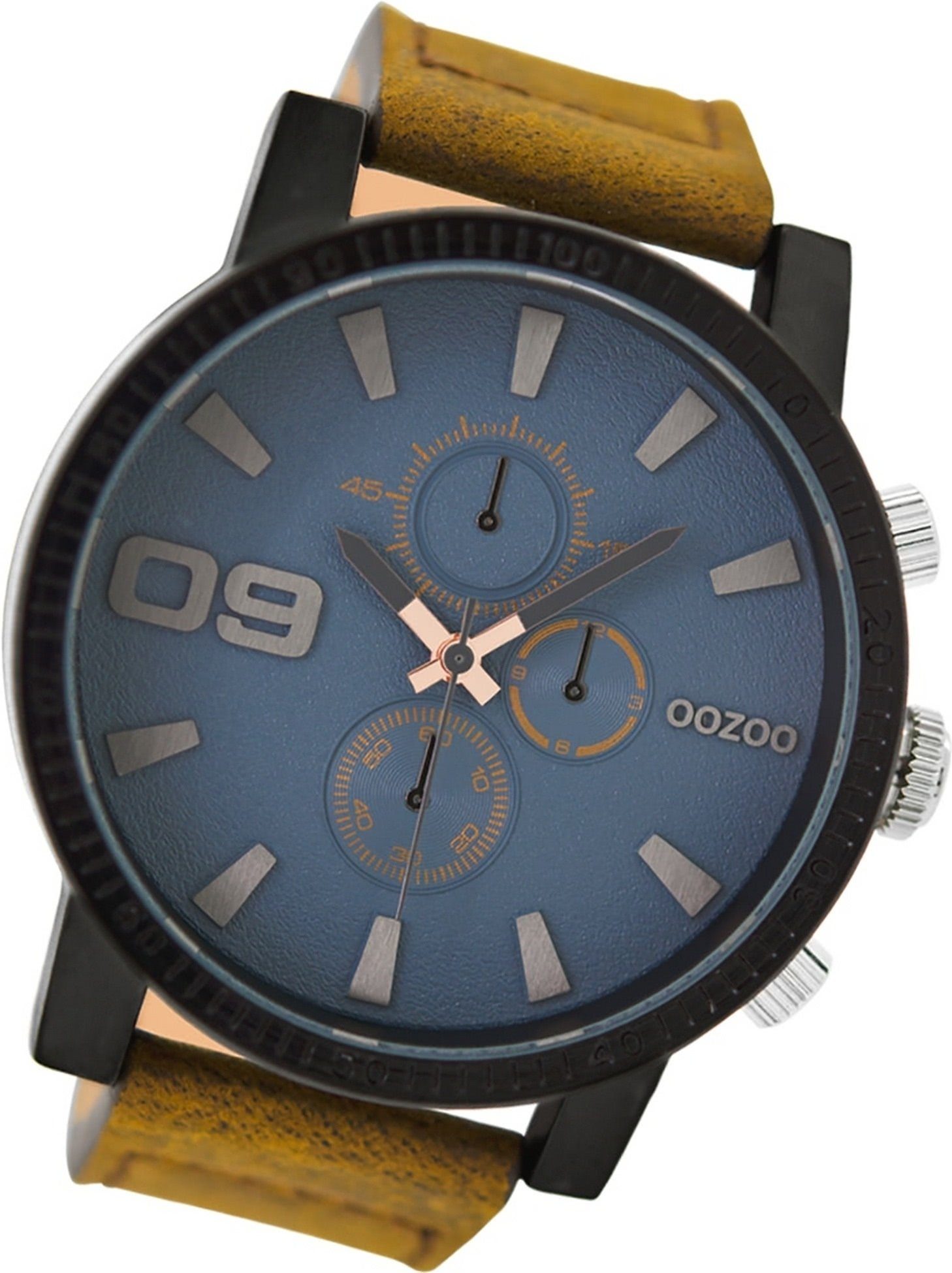 OOZOO Quarzuhr Oozoo Leder Herren Uhr C9030A Quarzuhr, Herrenuhr Lederarmband braun, rundes Gehäuse, extra groß (ca. 50mm)