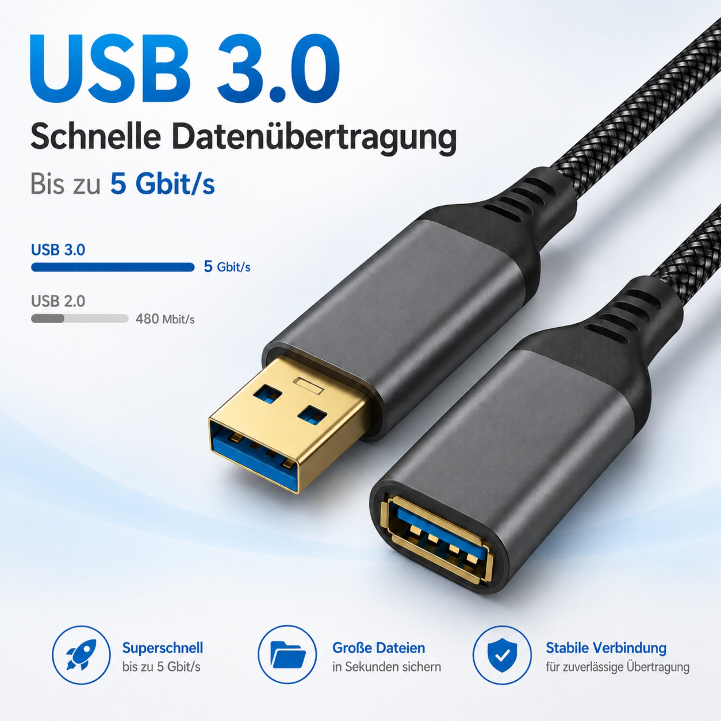 PlugUp USB 3.0 Verlängerungskabel 5 Gbit/s – USB-A Stecker zu USB-A Buchse USB-Kabel, USB Typ A, USB Typ A (100 cm), Bis zu 10 Gbit/s Datenübertragung – Plug &  – Bild 2 von 5