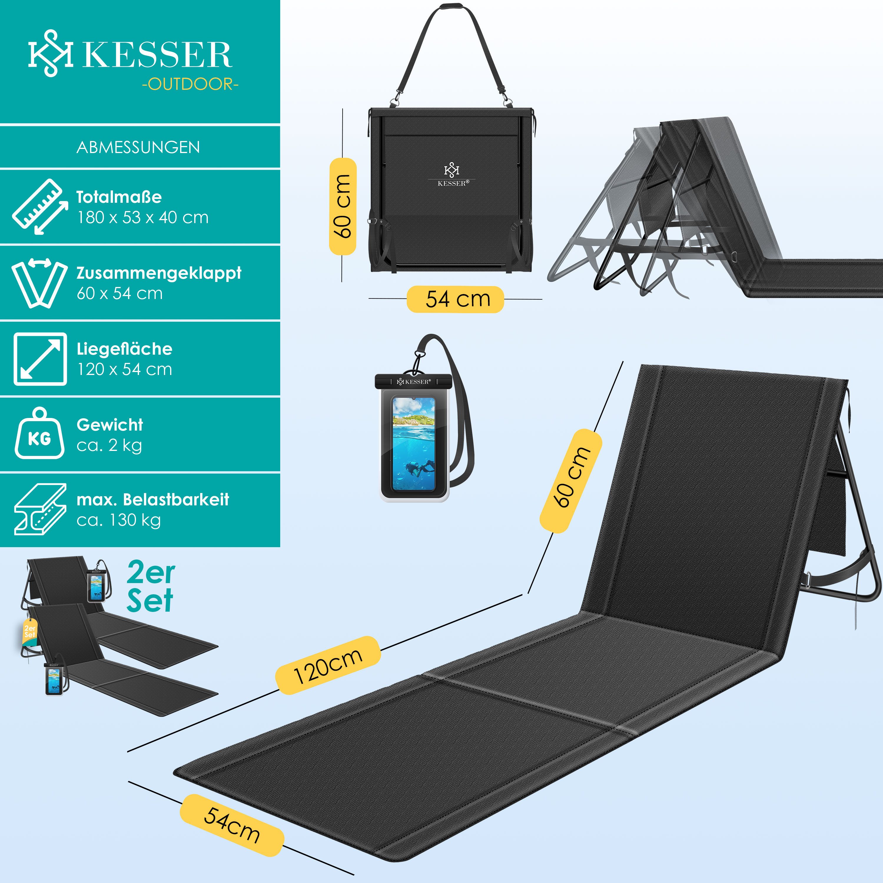 KESSER Gartenliege Strandmatte klappbar mit verstellbarer Rückenlehne max. 130 kg, 2 St., Strandliege mit Tragegurt, wasserdichter Handyhülle & Tragetasche, Sonnenliege faltbar für Strand, Garten & Terrasse Liegematte
