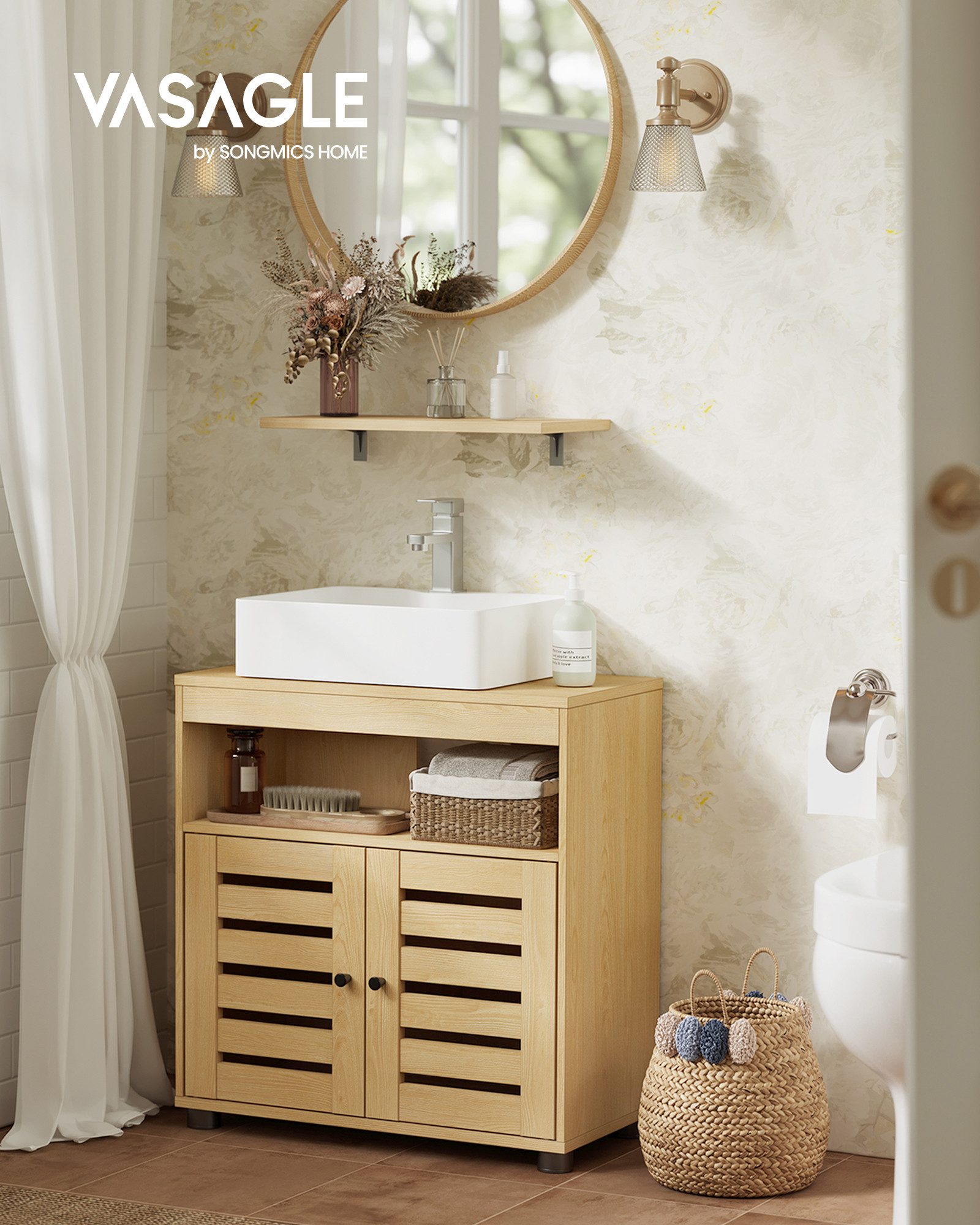 VASAGLE Waschbeckenunterschrank Badezimmerschrank Aufbewahrungsschrank Breite 60cm, mit 2 Lamellentüren, verstellbares Brett – Bild 3 von 5