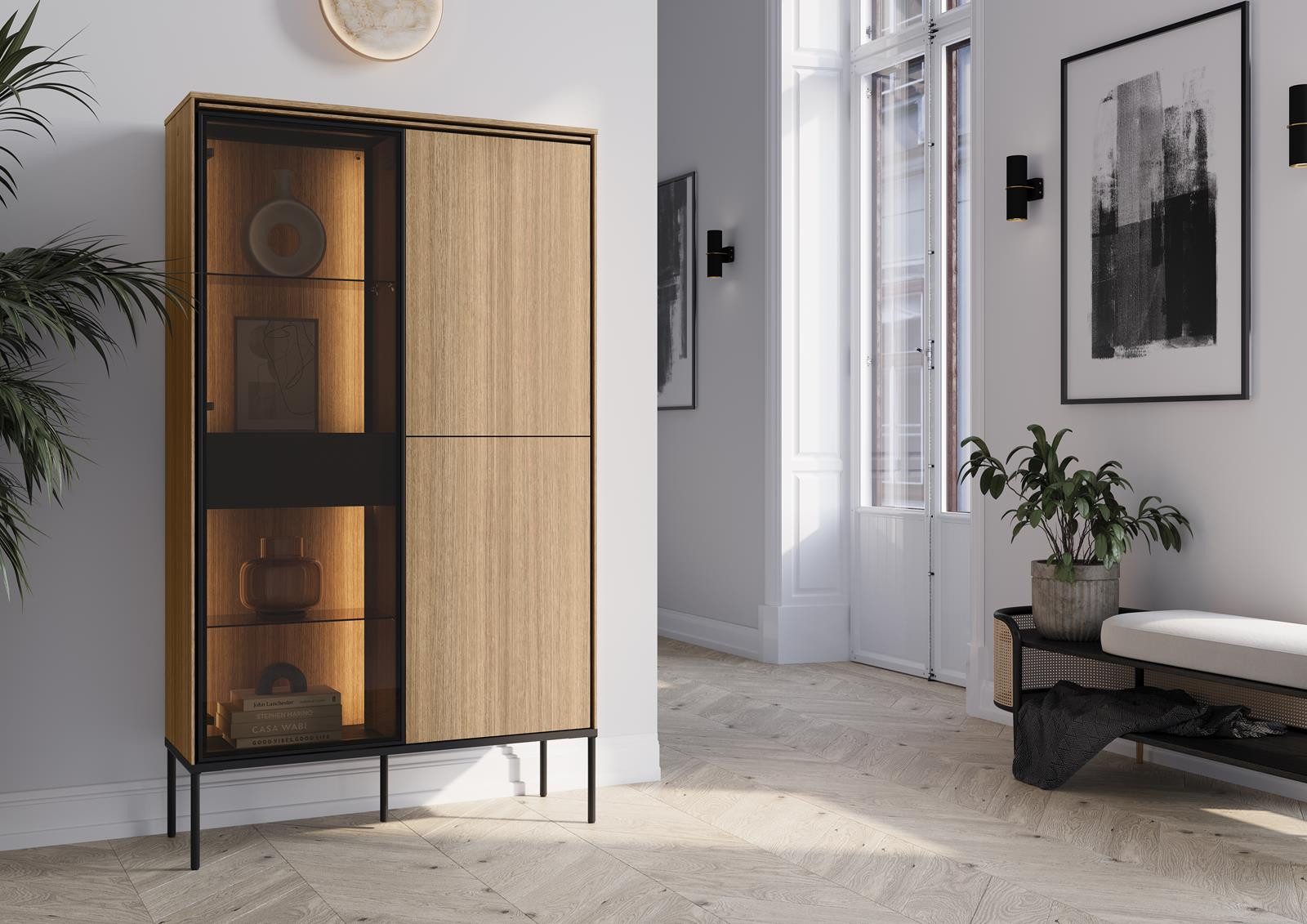 Compleo Vitrine modern, Eiche linearer, Elegant Vitrine, Breite: 90 cm günstig online kaufen