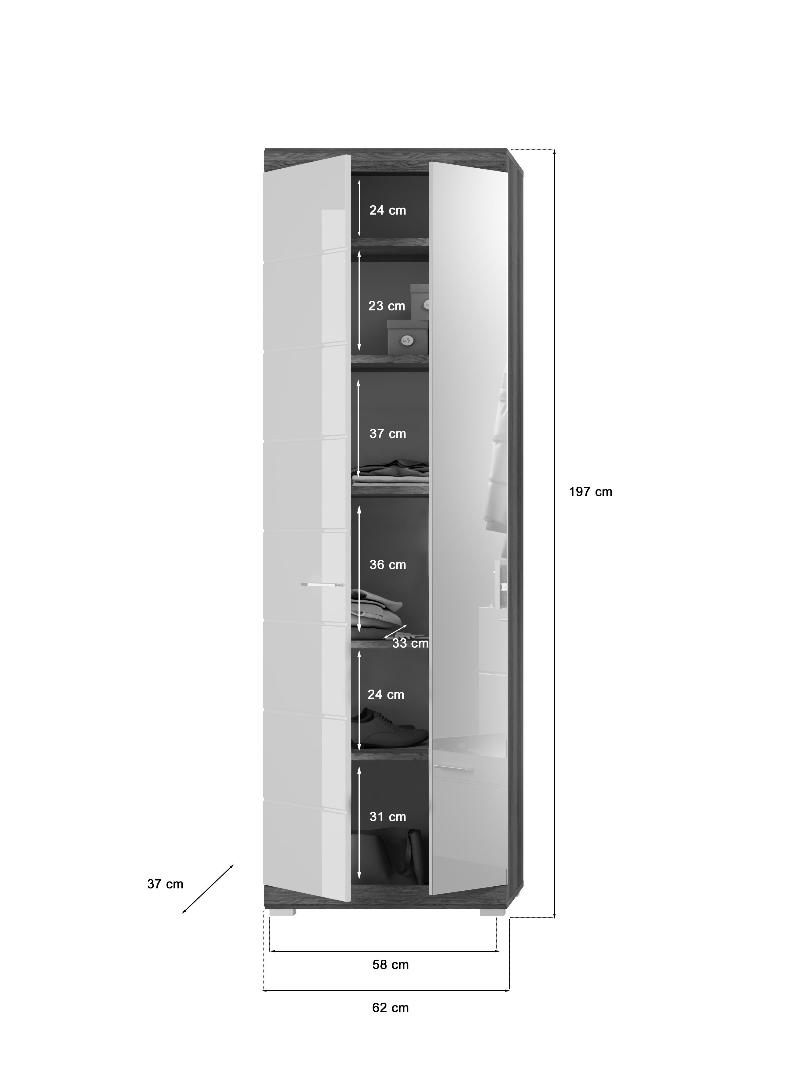 möbelando Garderobenschrank Sandusky 197 aus Holztür, Spanplatte 1 cm Moderner 62 37 4 Einlegeböden. cm, und Nachbildung, in in Korpus Konstruktionsboden cm, mit aus Weiß-Hochglanz Front Spiegeltür, Breite Garderobenschrank, 1 Rauchsilber Tiefe MDF Höhe 1